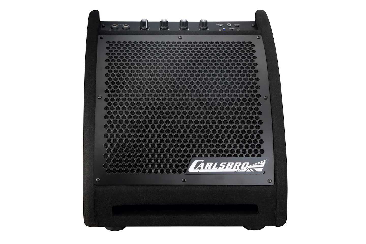 Black Carlsbro amplifier with a hexagonal grille, three control knobs on top, and a visible slot at the bottom front.