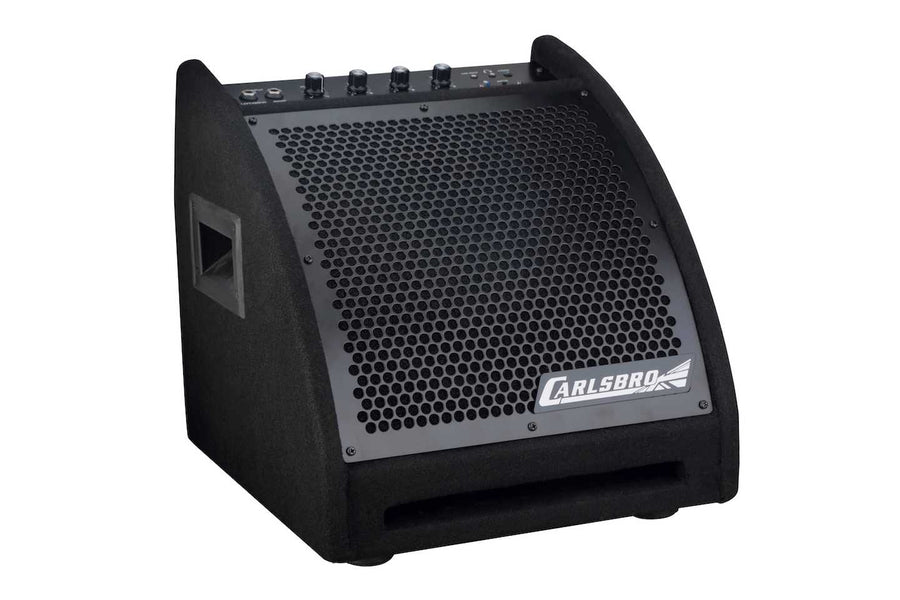 Black Carlsbro amplifier with a slanted front, large perforated metal grille, top control knobs, and side handle for carrying.