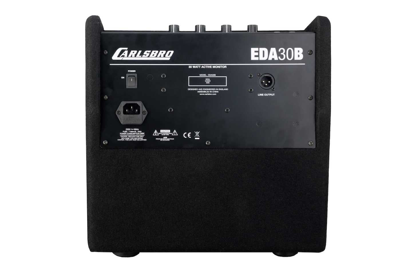 Carlsbro EDA30B amplifier rear view showing power switch, power socket, line output, and control knobs on top. Black rectangular enclosure.