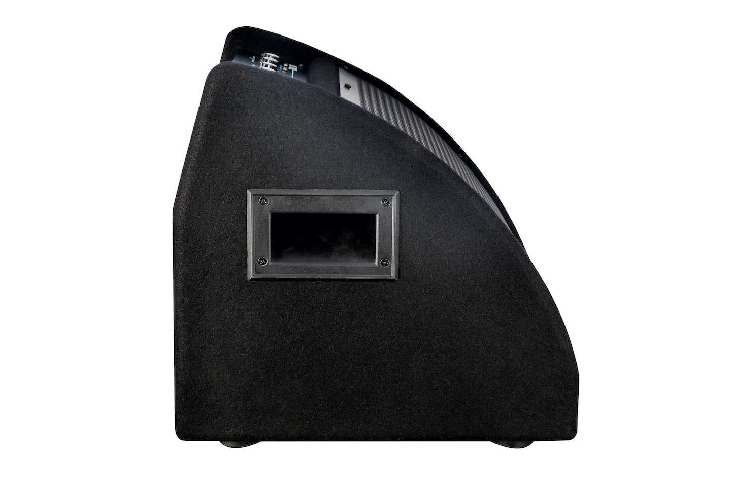 Black amplifier viewed from the side, showing a rectangular handle and a sloped top with visible control knobs near the back.