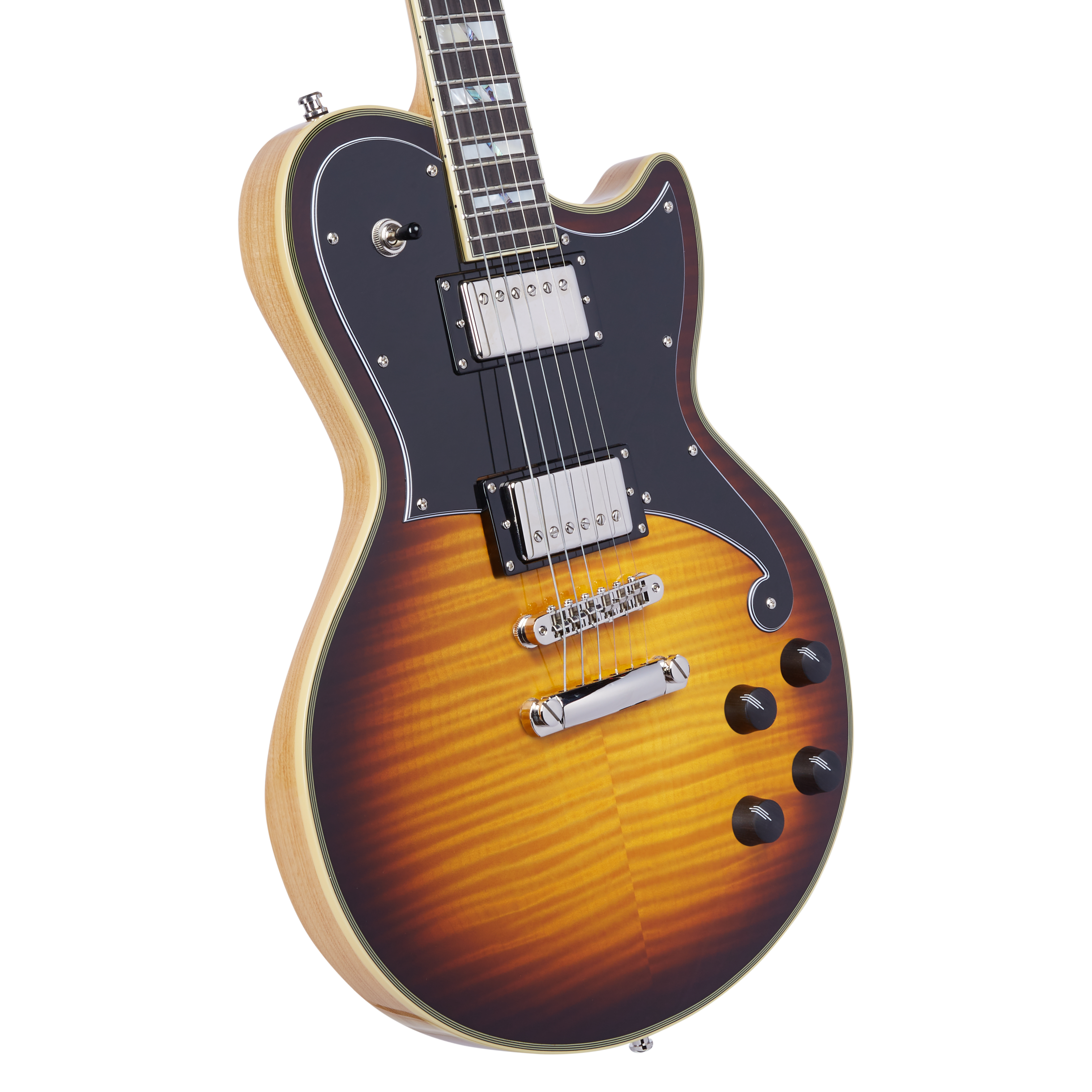 Sunburst electric guitar with a flamed maple top, black pickguard, two humbucker pickups, four black control knobs, and chrome hardware.