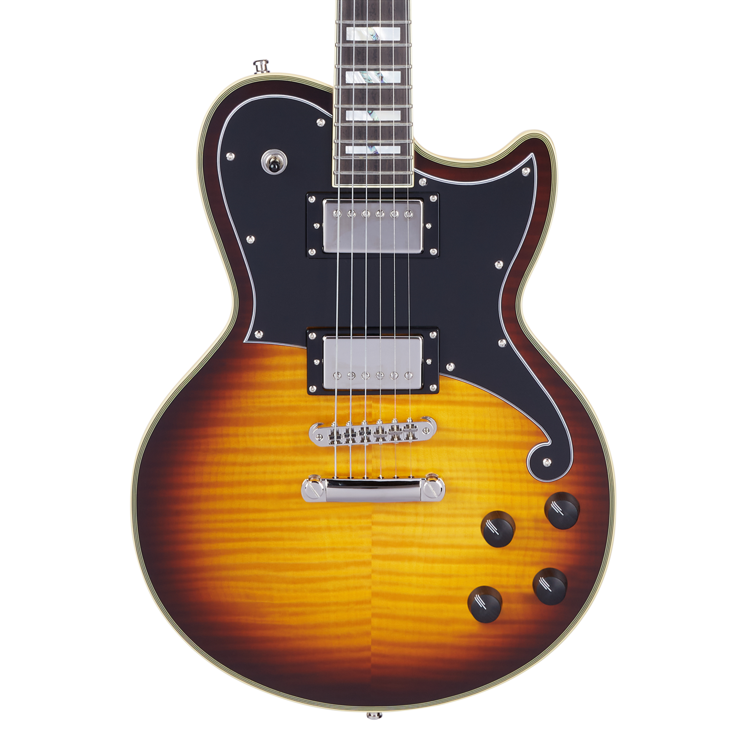 Sunburst electric guitar with a single cutaway, black pickguard, two humbucker pickups, four black control knobs, and silver hardware.