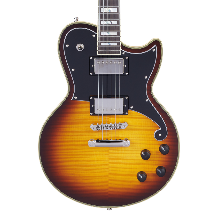 Sunburst electric guitar with a single cutaway, black pickguard, two humbucker pickups, four black control knobs, and silver hardware.