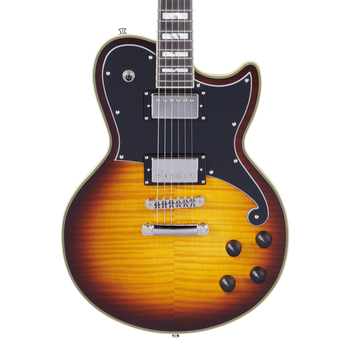 Sunburst electric guitar with a single cutaway, black pickguard, two humbucker pickups, four black control knobs, and silver hardware.