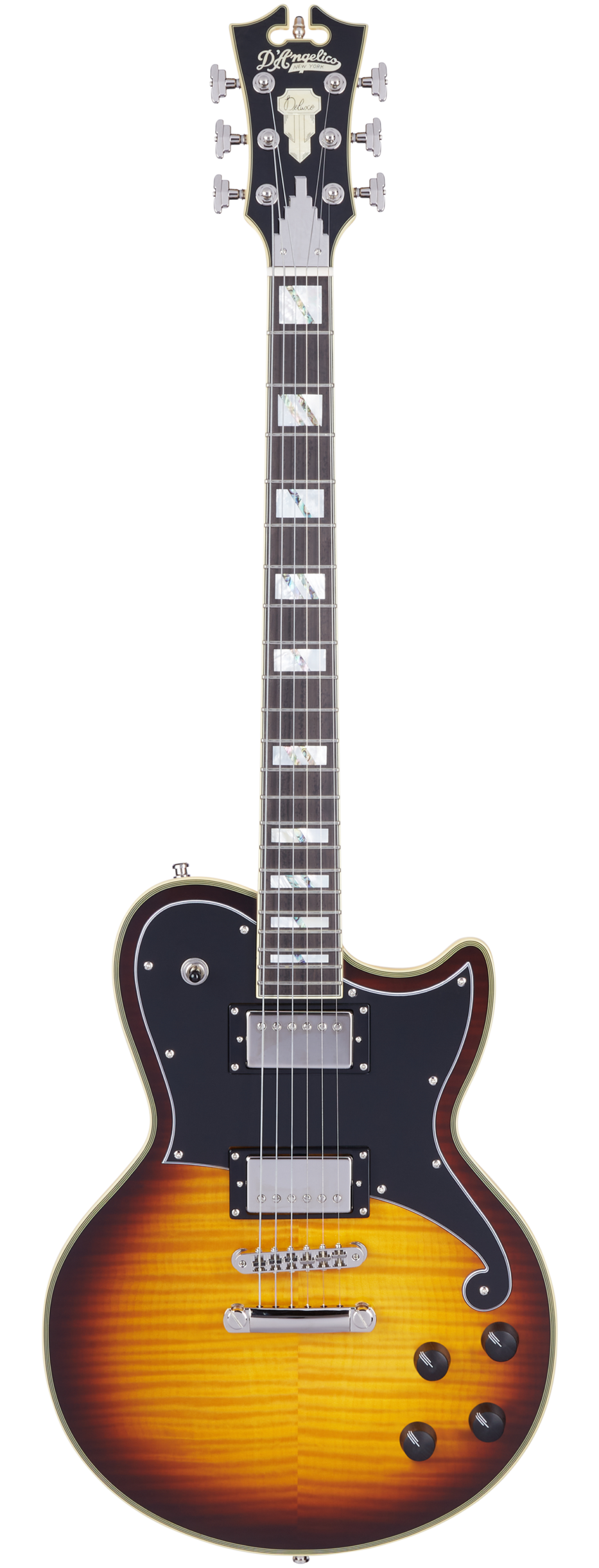 Sunburst electric guitar with single cutaway, two humbucker pickups, black pickguard, four control knobs, and mother-of-pearl inlays on the neck.