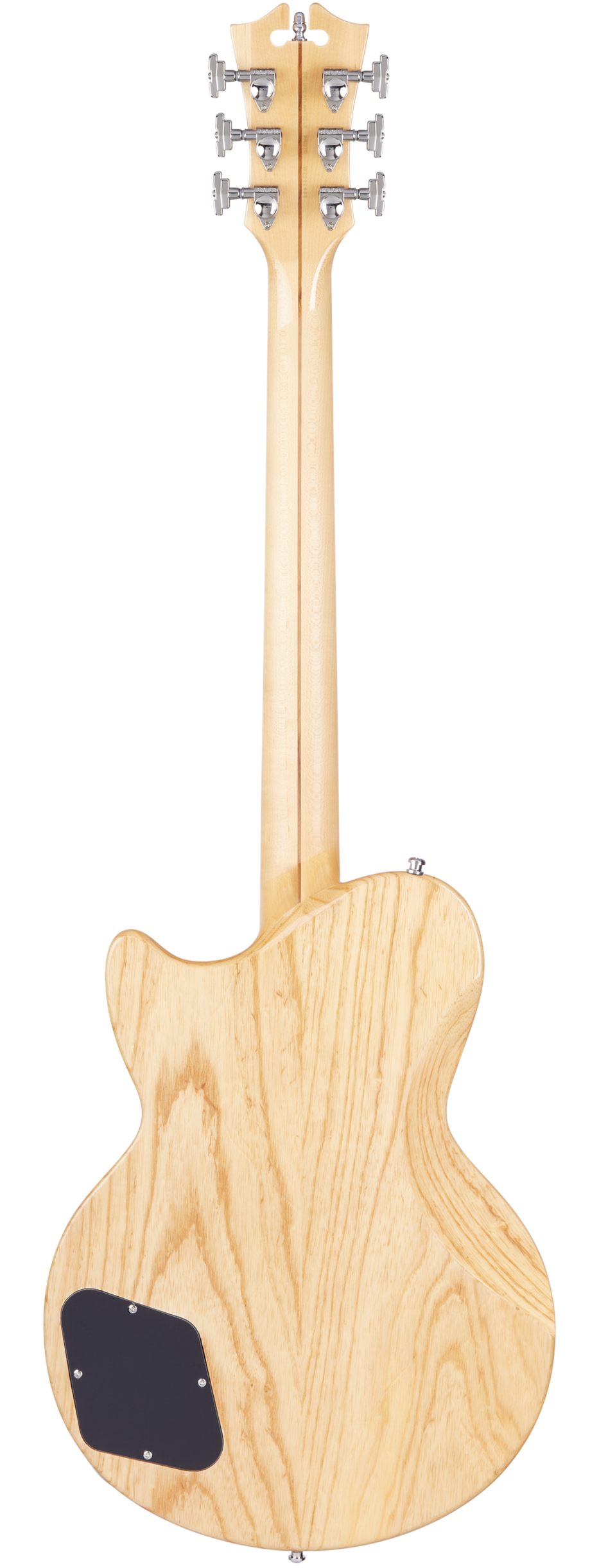 Natural wood-finish electric guitar shown from the back, featuring six tuning pegs and a black electronics cover on the lower body.