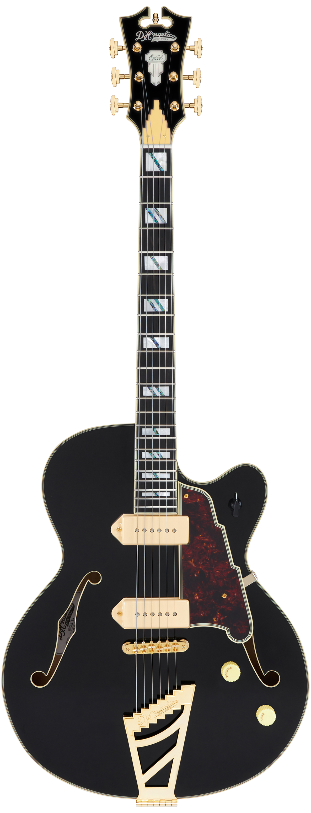 Black hollow-body electric guitar with gold hardware, two cream pickups, tortoiseshell pickguard, decorative tailpiece, and large block inlays.