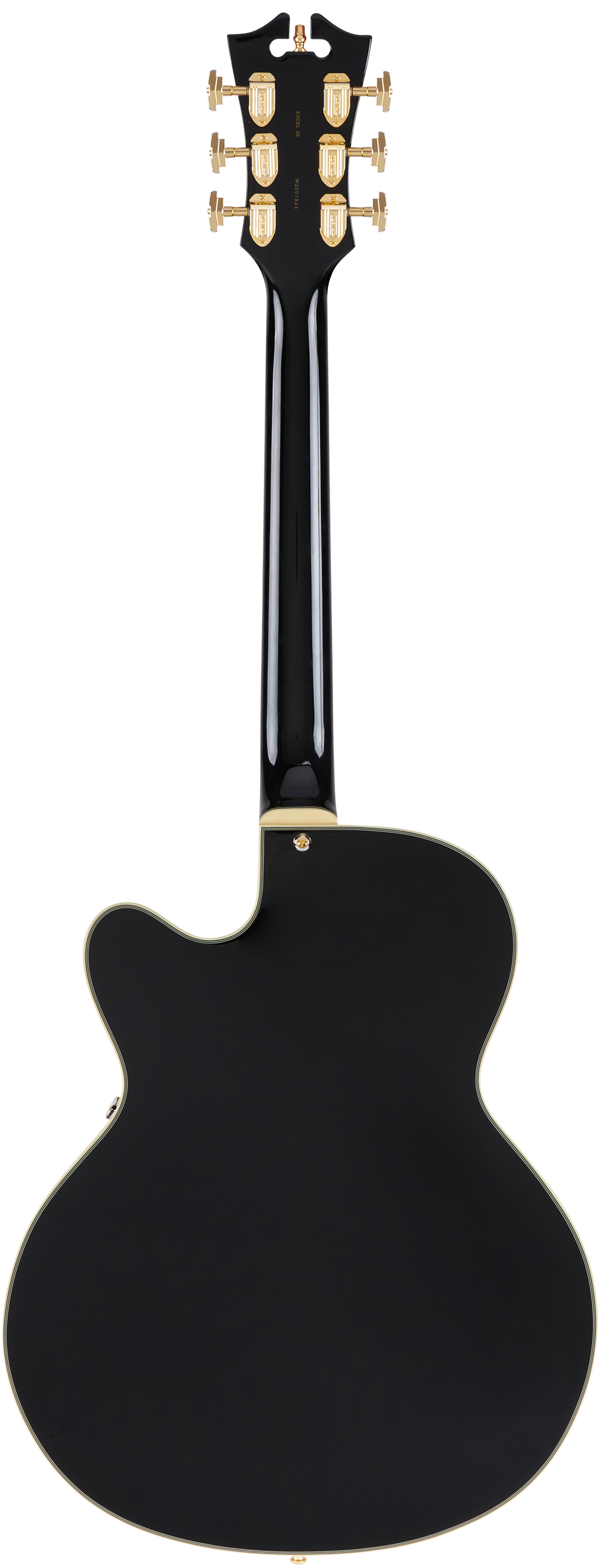 Black electric guitar viewed from the back, gold tuning keys, single cutaway body, and cream binding outlining the edges.