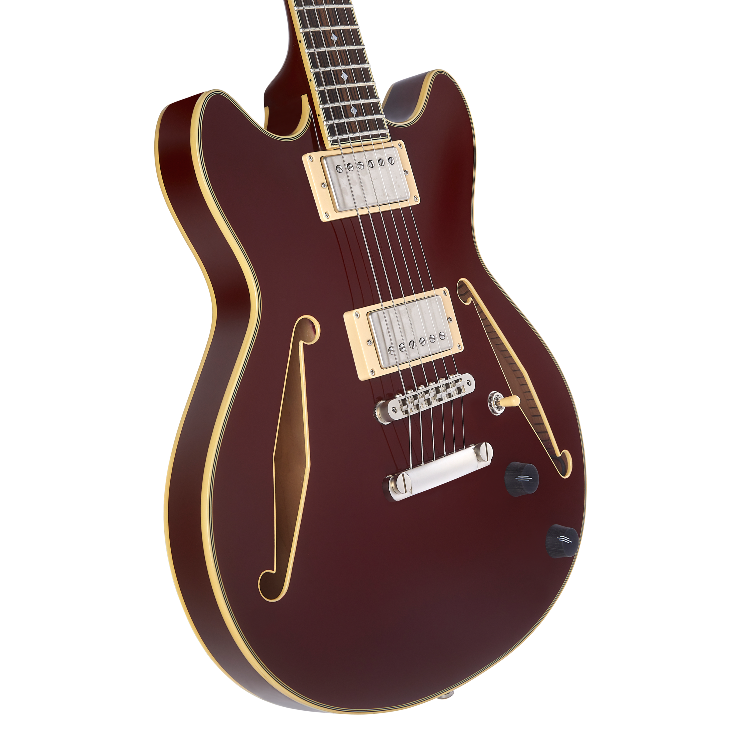Semi-hollow electric guitar in dark red with cream binding, dual chrome pickups, two black control knobs, and f-shaped sound holes on the body.