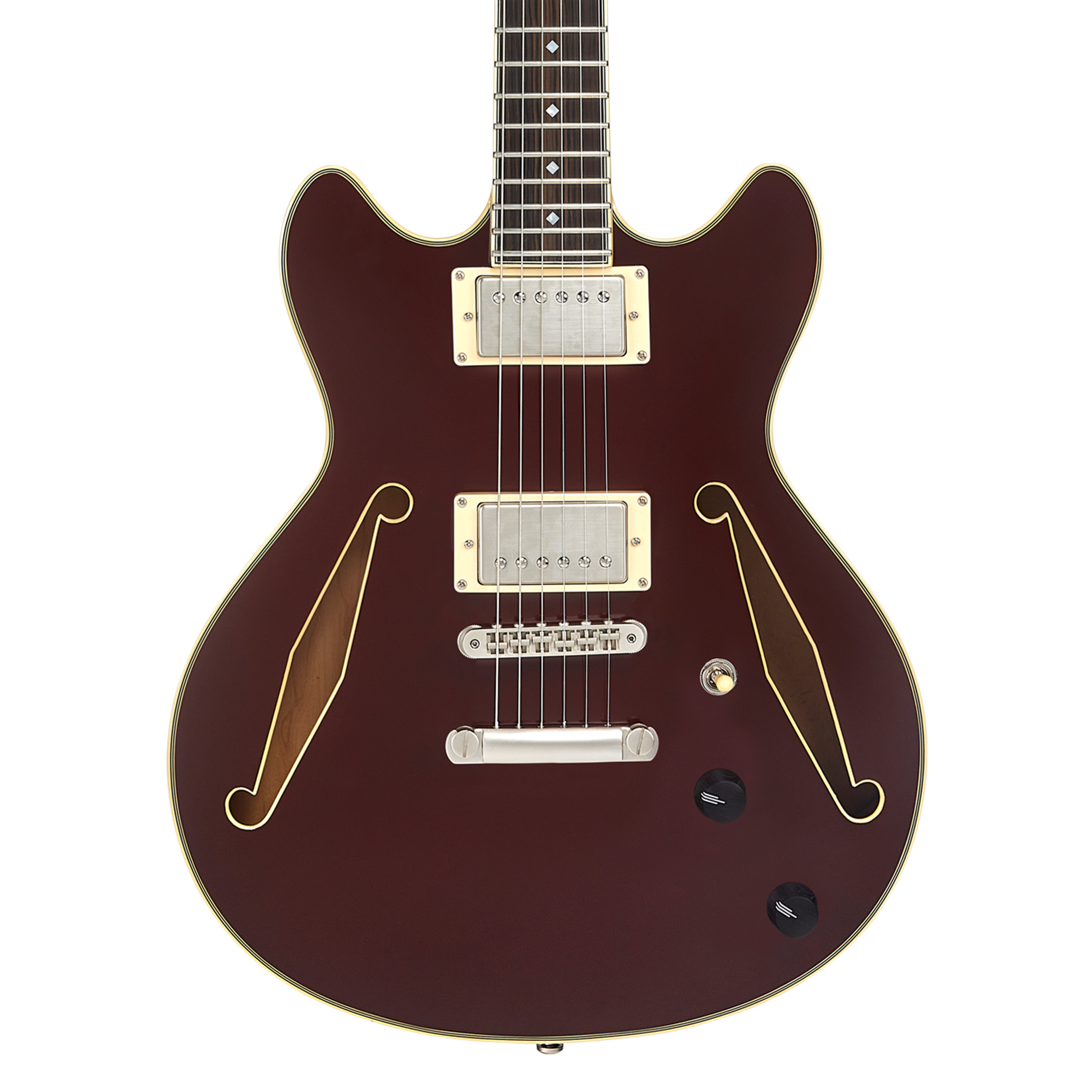 Dark red semi-hollow electric guitar with two f-shaped sound holes, two pickups, three control knobs, and cream-colored outlining on the body.