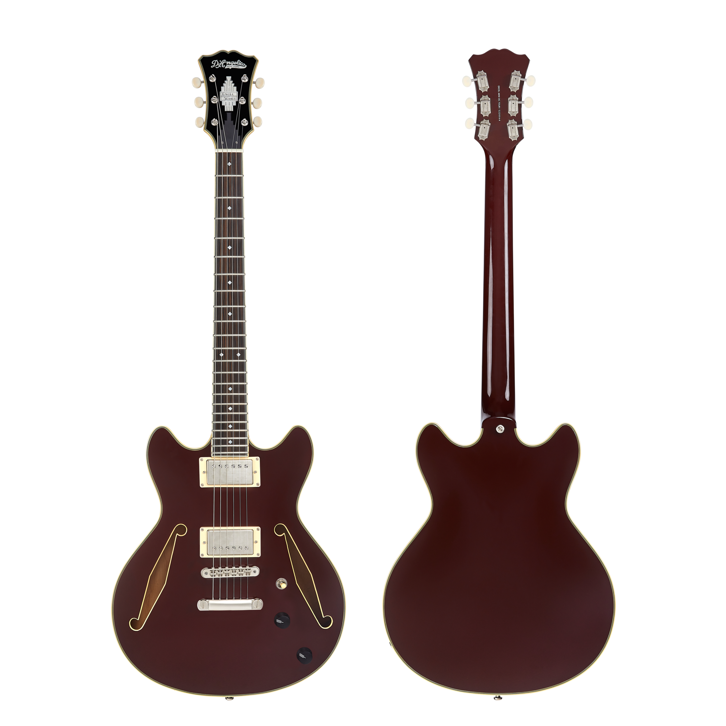 Double-cutaway semi-hollow electric guitar in dark brown with cream binding, dual pickups, f-holes, and chrome hardware, shown from front and back.