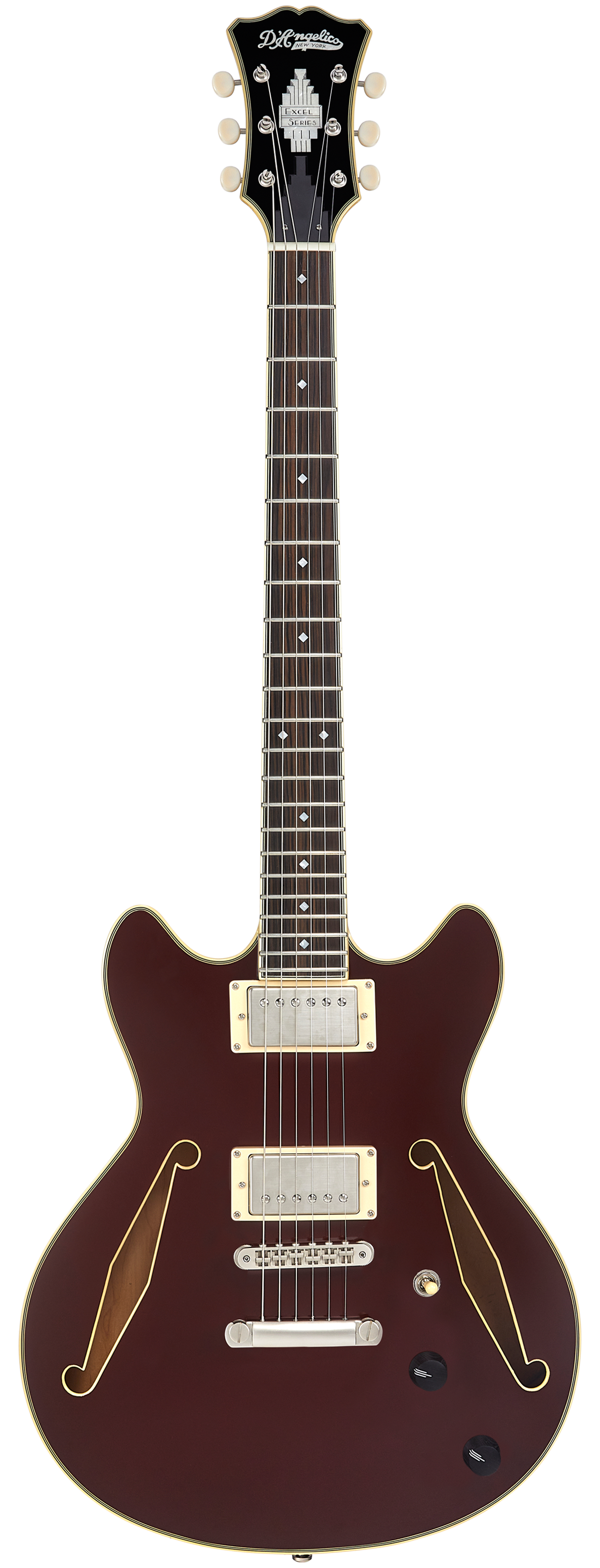 Dark red semi-hollow electric guitar with gold trim, two humbucker pickups, f-shaped sound holes, and three control knobs.