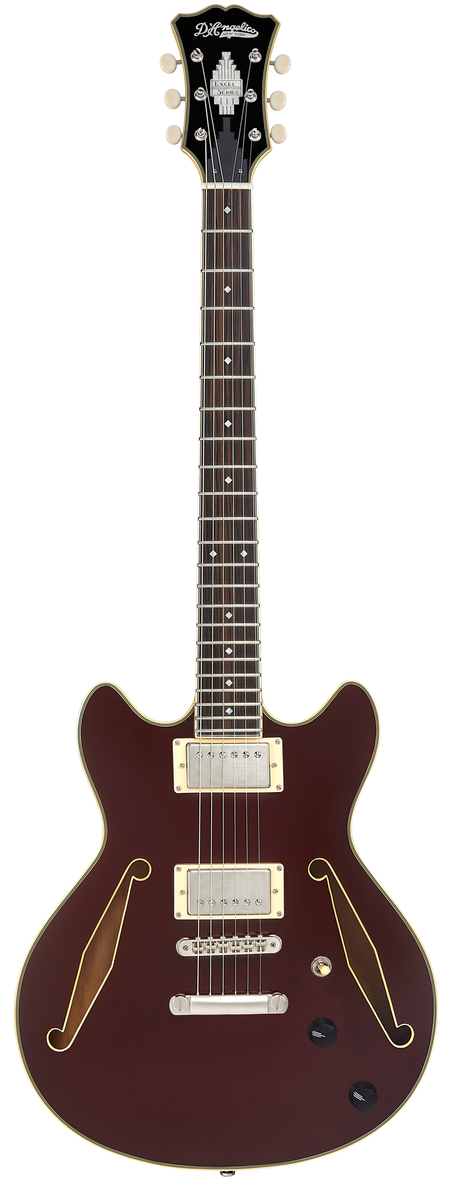 Dark red semi-hollow electric guitar with gold trim, two humbucker pickups, f-shaped sound holes, and three control knobs.
