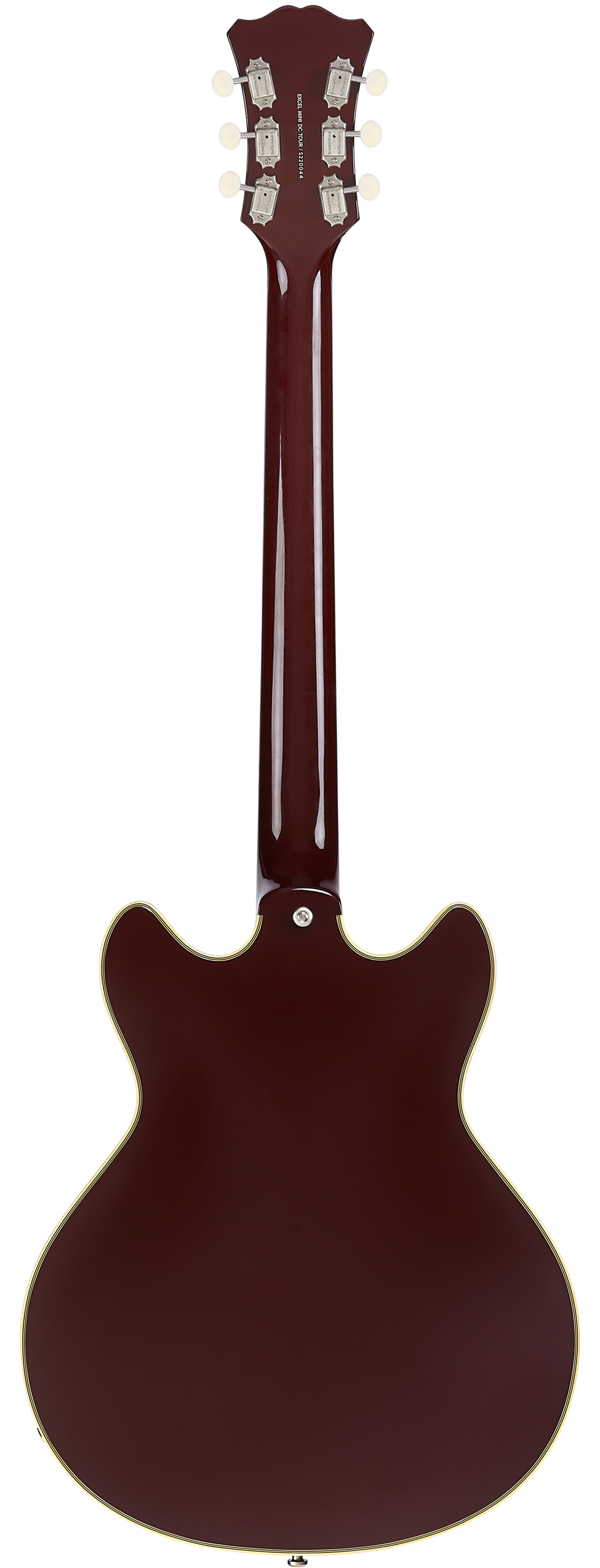 Glossy dark cherry red electric guitar back, double cutaway body, cream-colored edge binding, silver tuners with white knobs on the headstock.