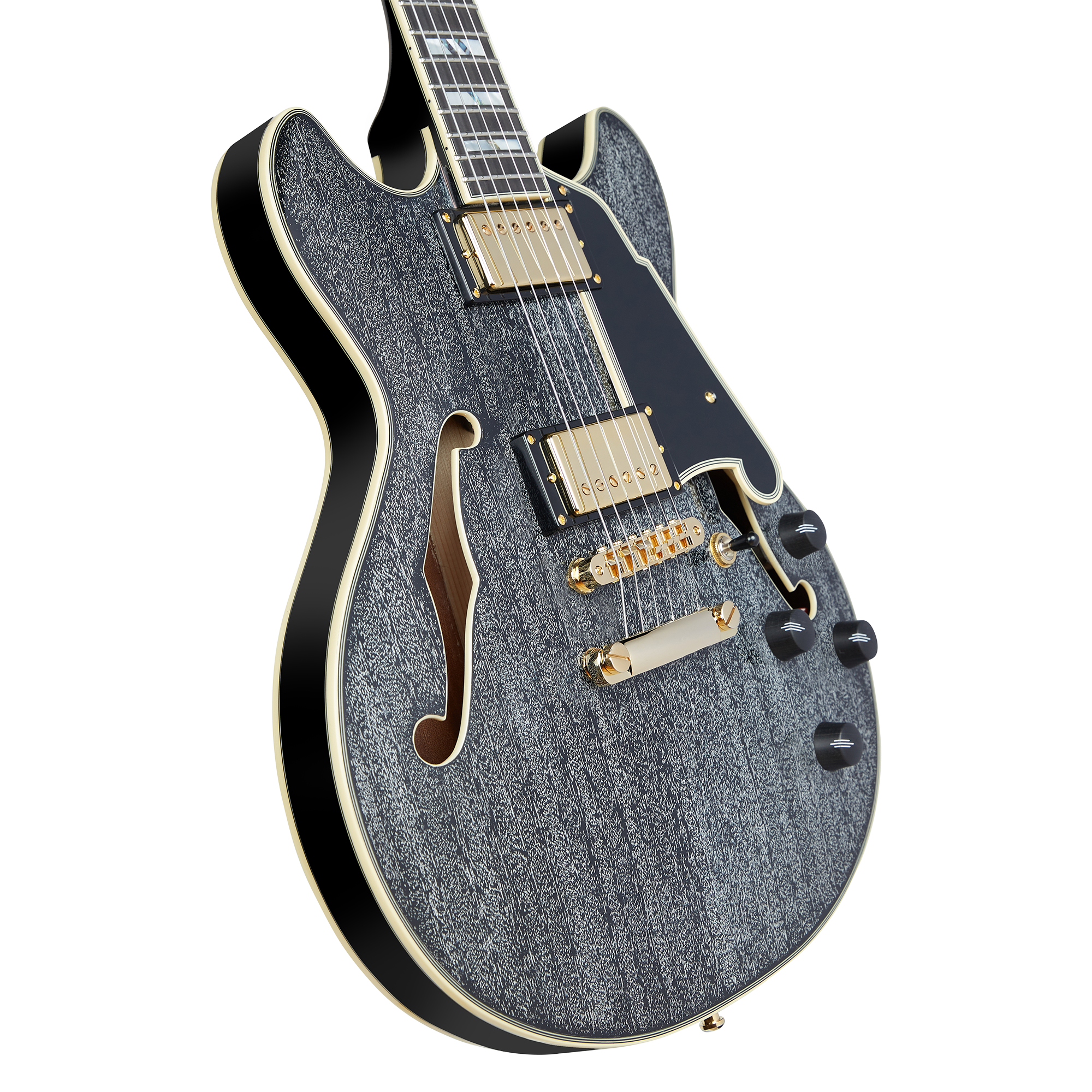 Semi-hollow electric guitar with textured gray body, gold hardware, two F-holes, black pickguard, and four black control knobs.
