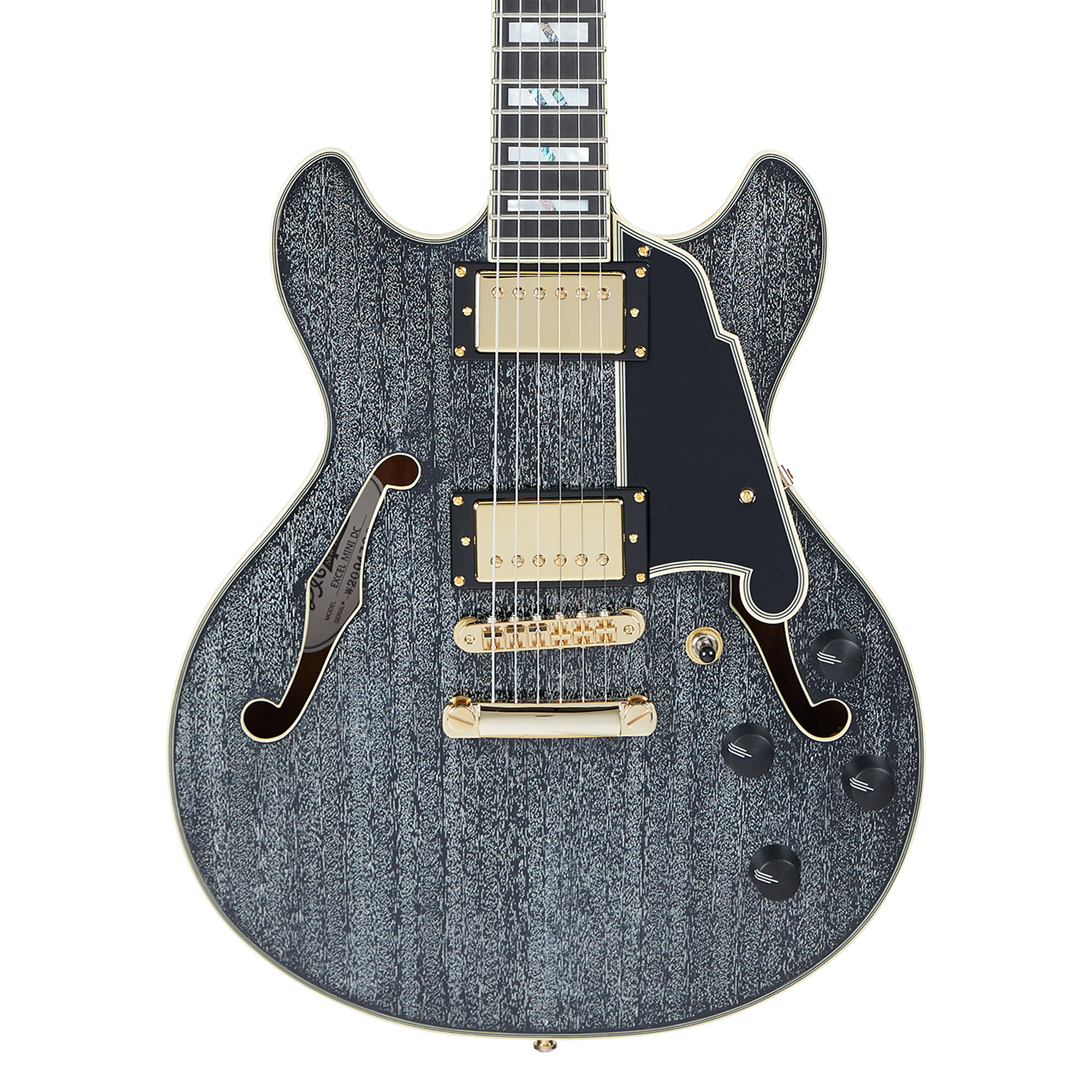 Semi-hollow electric guitar with textured grey finish, gold hardware, two humbucker pickups, four black control knobs, and f-shaped sound holes.