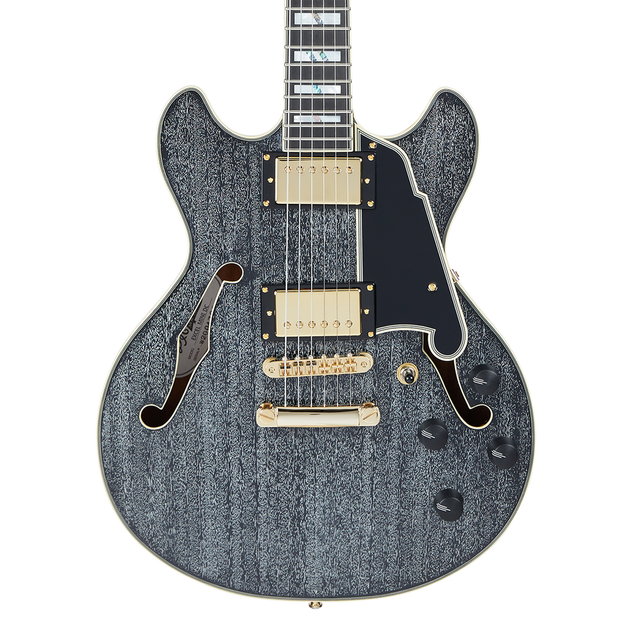 Semi-hollow electric guitar with textured grey finish, gold hardware, two humbucker pickups, four black control knobs, and f-shaped sound holes.