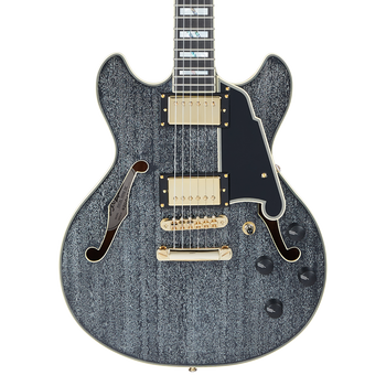 Semi-hollow electric guitar with textured grey finish, gold hardware, two humbucker pickups, four black control knobs, and f-shaped sound holes.