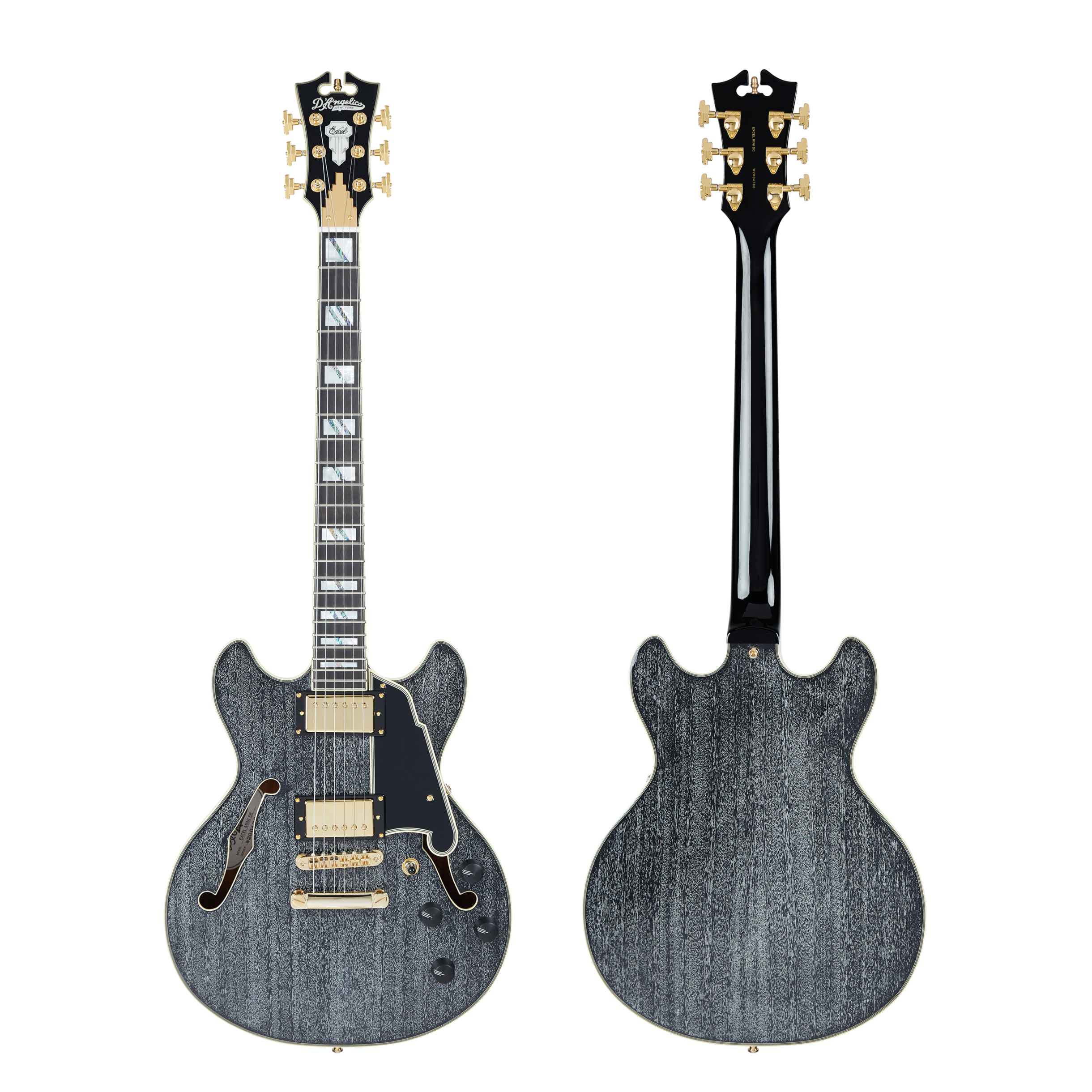 Semi-hollow body electric guitar, gray wood finish, gold hardware, double cutaway, black pickguard, rectangular fretboard inlays, front and back views shown.
