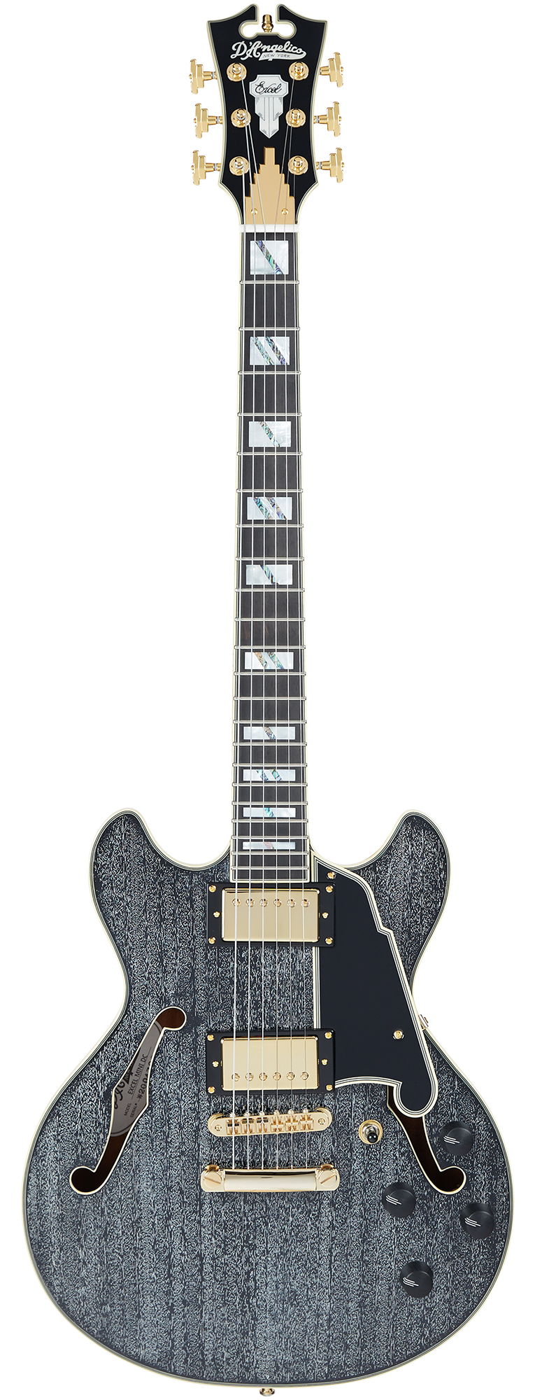 Semi-hollow electric guitar with textured black wood grain finish, gold hardware, two humbucker pickups, and distinctive inlays on a rosewood fretboard.