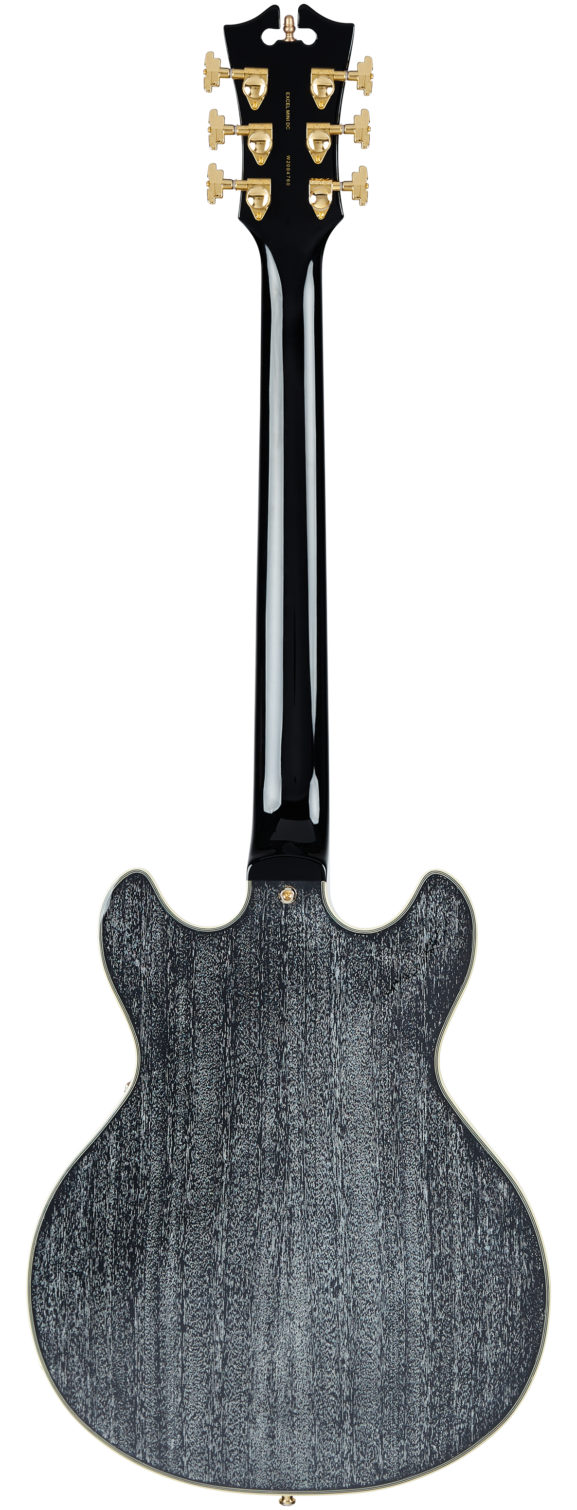 Back view of an electric guitar with a glossy black neck, gold tuning pegs, and a textured dark gray wood grain finish on a double-cutaway body.