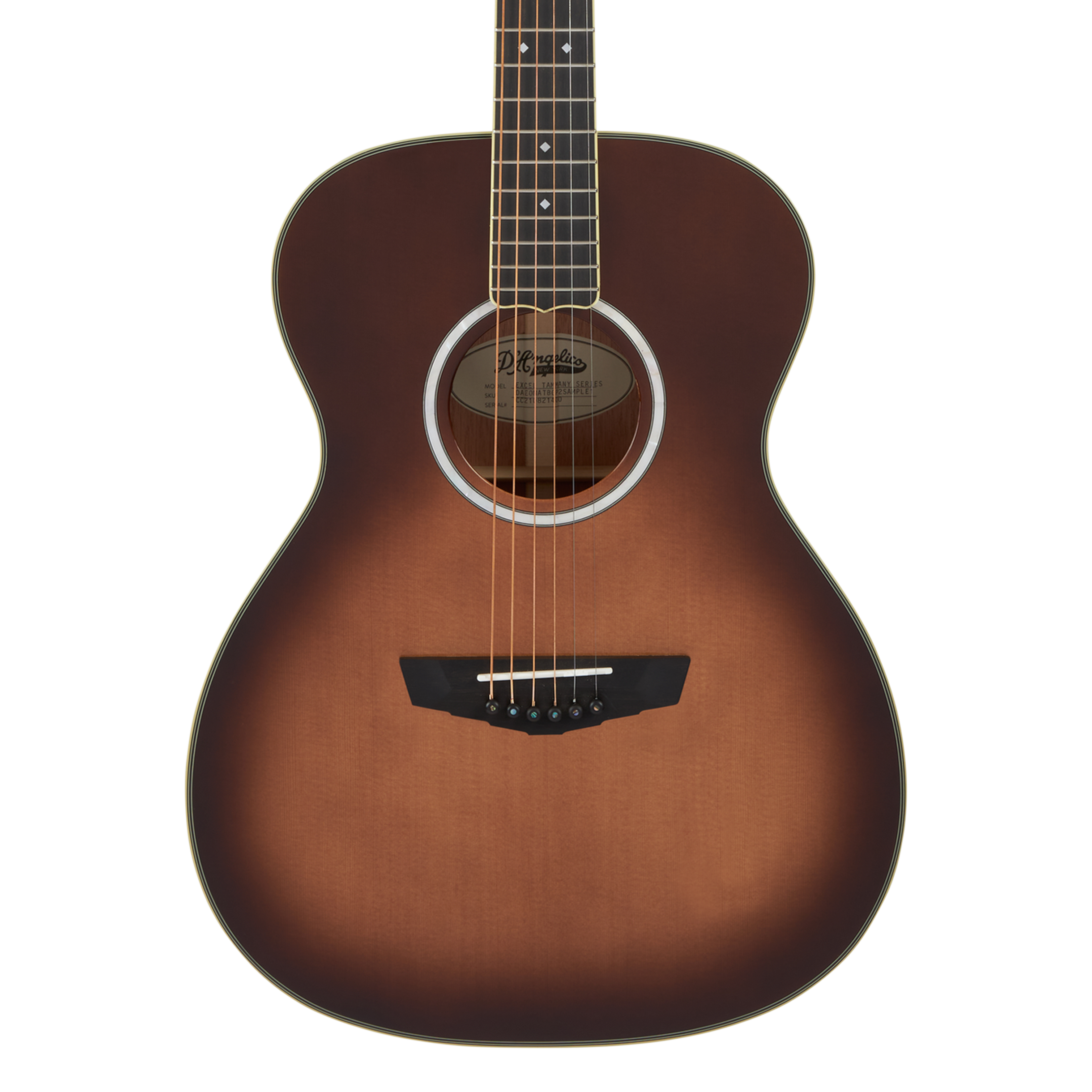 Brown sunburst electric guitar with a round sound hole, six strings, and a dark wooden bridge.