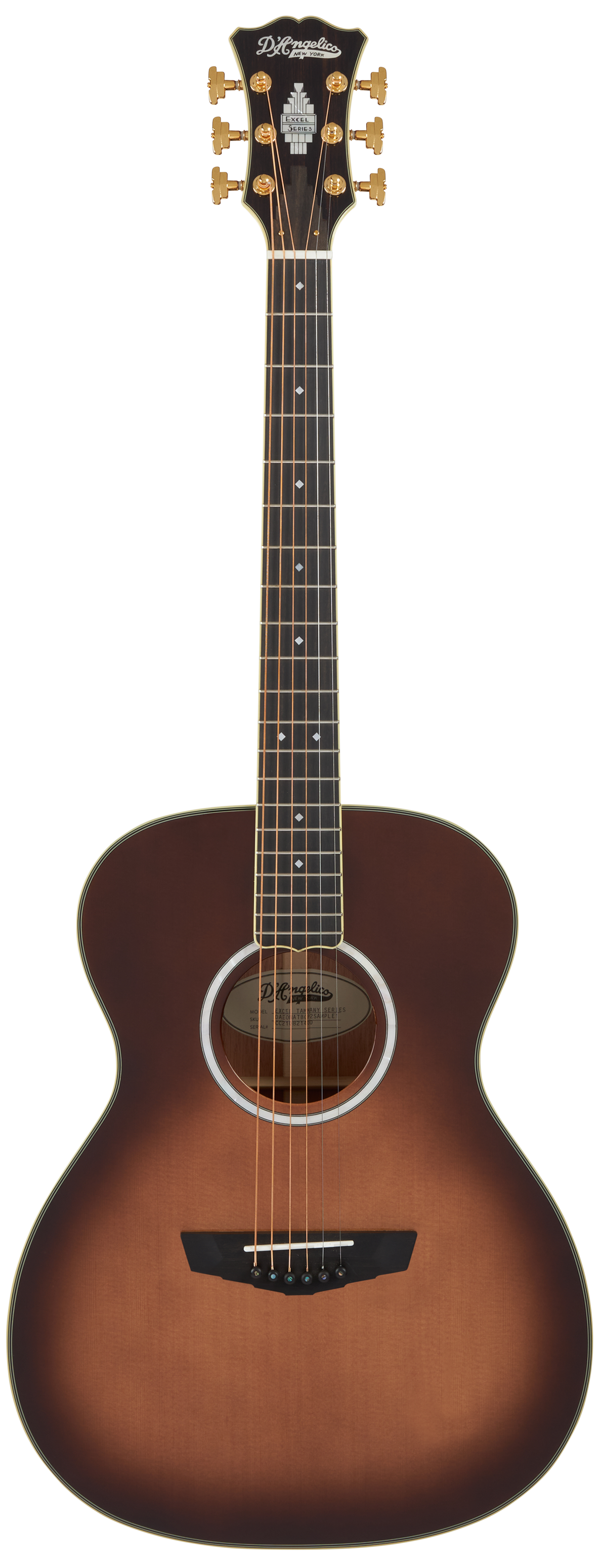 Brown sunburst electric guitar with a rounded body, gold tuning pegs, black pickguard, and decorative inlays on the fretboard and headstock.