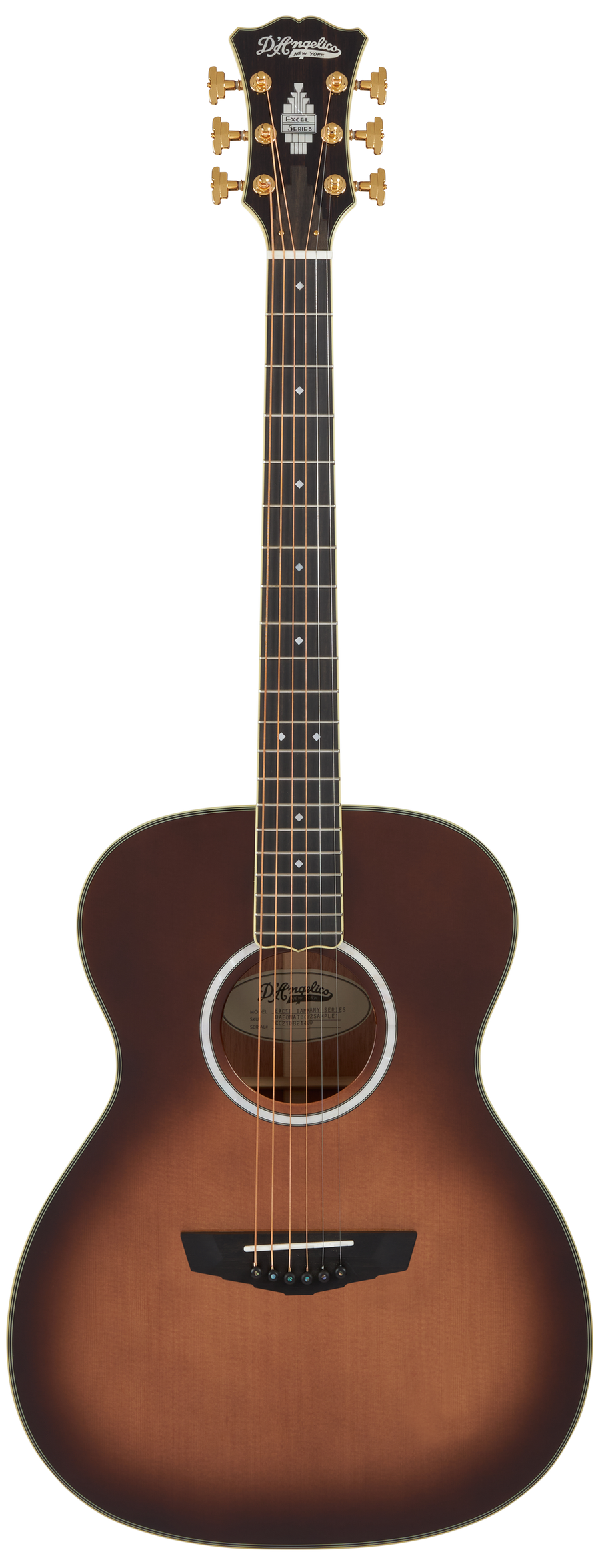 Brown sunburst electric guitar with a rounded body, gold tuning pegs, black pickguard, and decorative inlays on the fretboard and headstock.