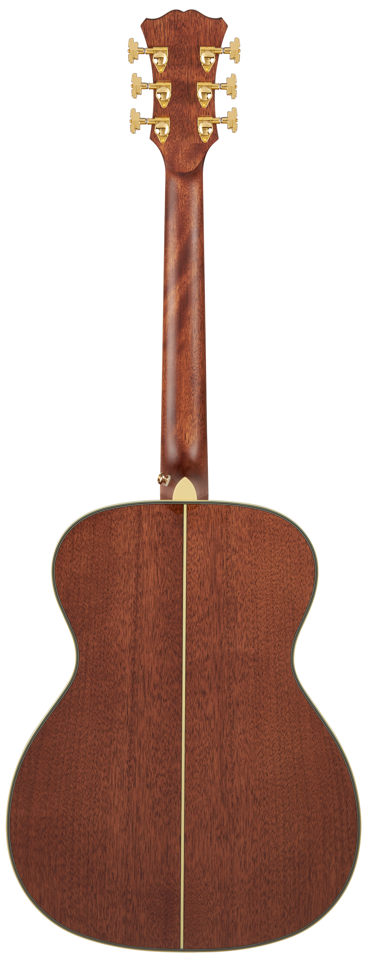 Rear view of a wooden electric guitar with a dark brown finish, gold tuning pegs, and a light vertical stripe down the center of the back.