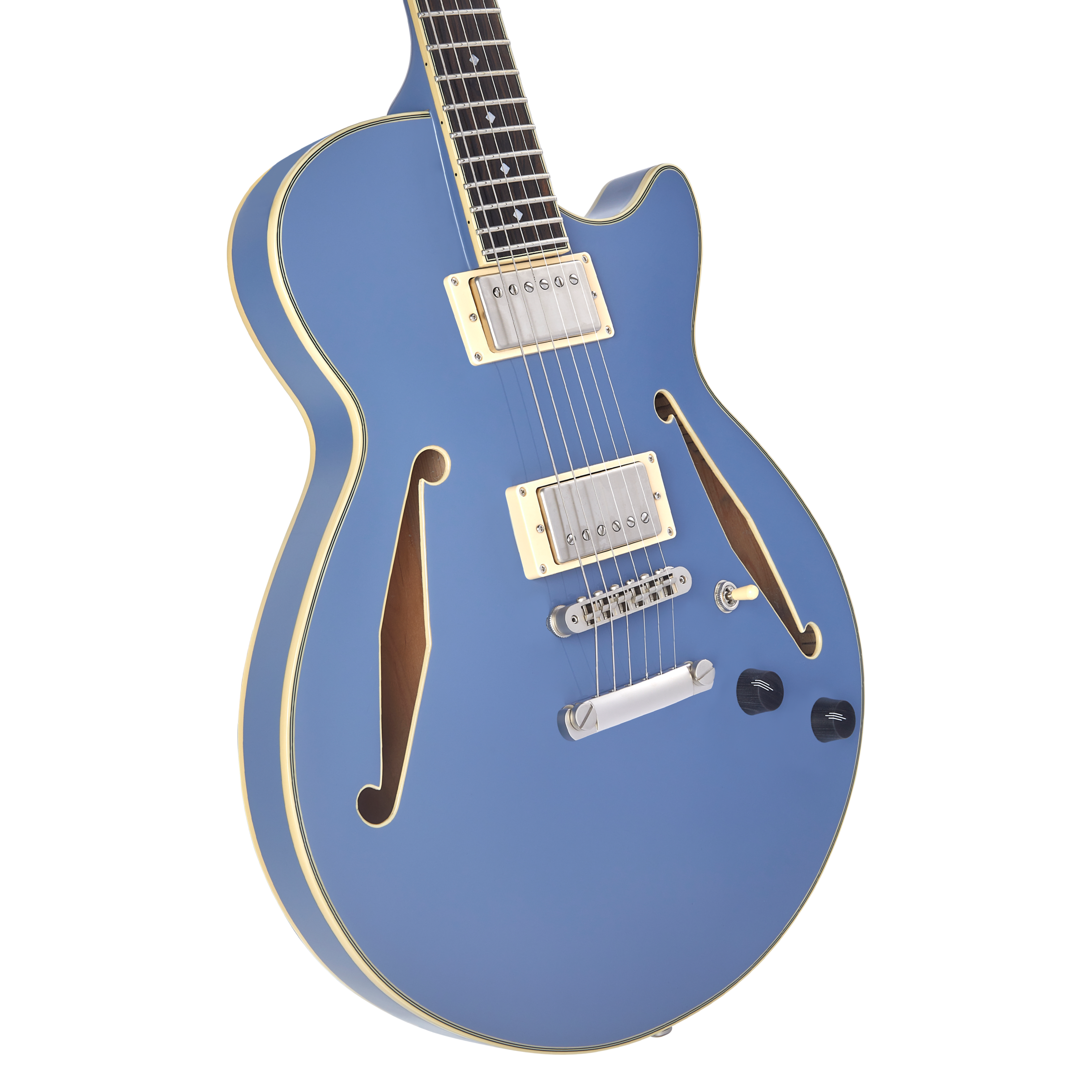 Blue semi-hollow electric guitar with gold hardware, two pickups, two knobs, and f-shaped sound holes on either side of the body.