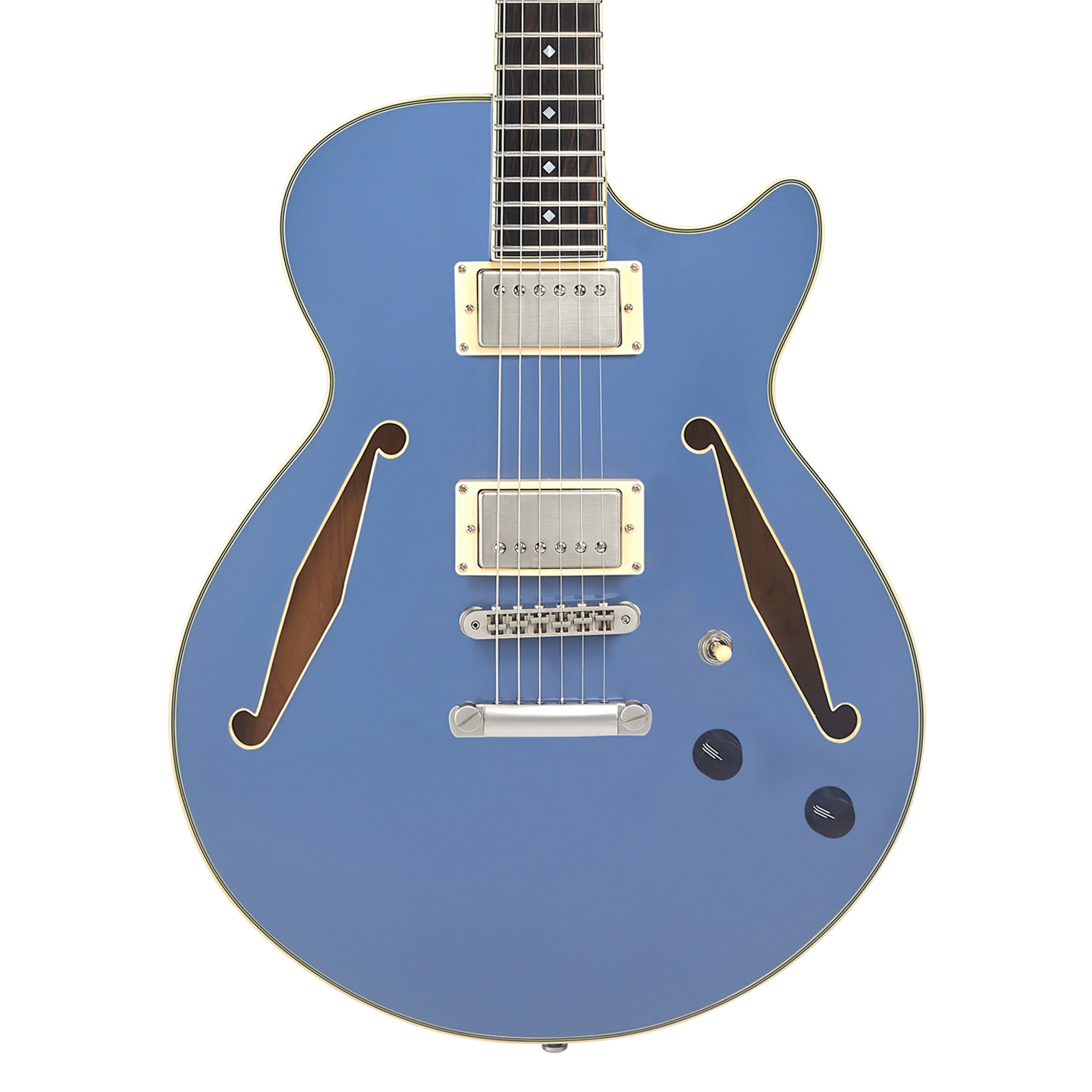 Blue semi-hollow electric guitar with dual pickups, two f-holes, chrome hardware, and two black control knobs.