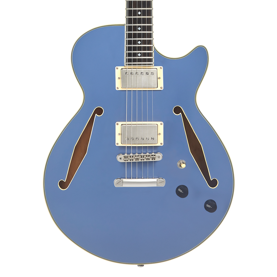 Blue semi-hollow electric guitar with dual pickups, two f-holes, chrome hardware, and two black control knobs.