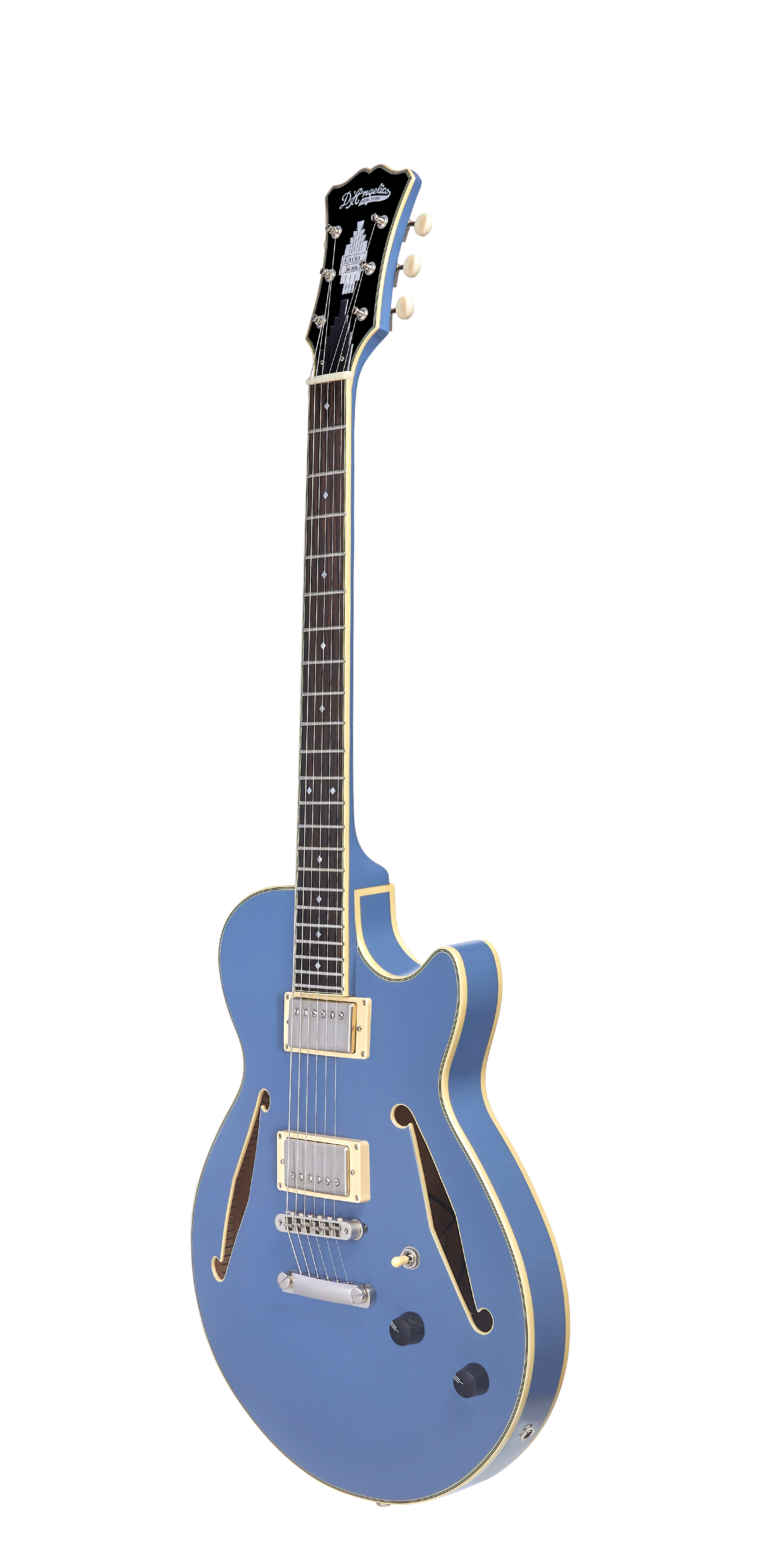 Blue semi-hollow electric guitar with two pickups, cream binding, two f-holes, three control knobs, and a dark fretboard with dot inlays.