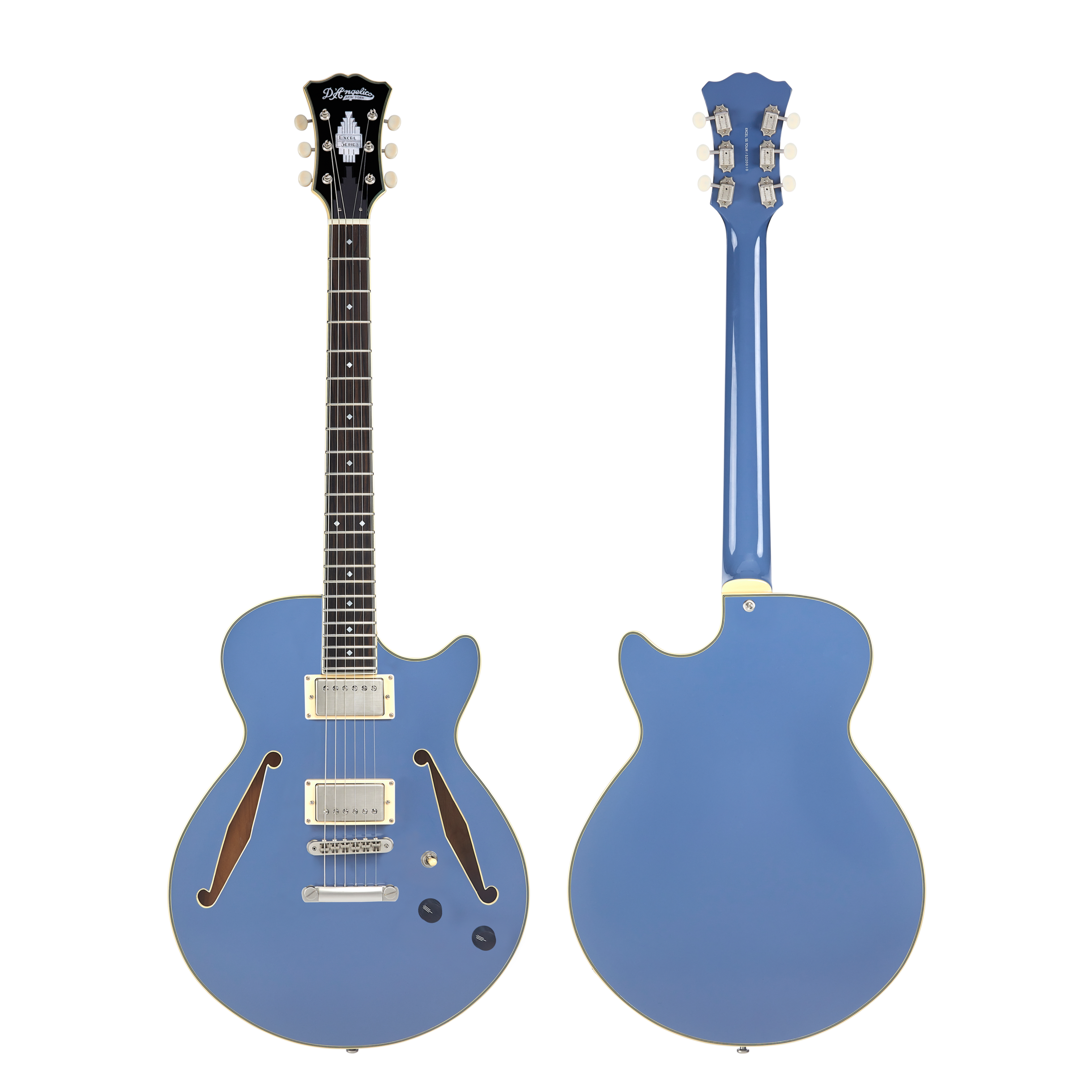 Blue semi-hollow electric guitar with f-holes, two pickups, four knobs, and a cutaway body. One view shows the front, the other shows the back.