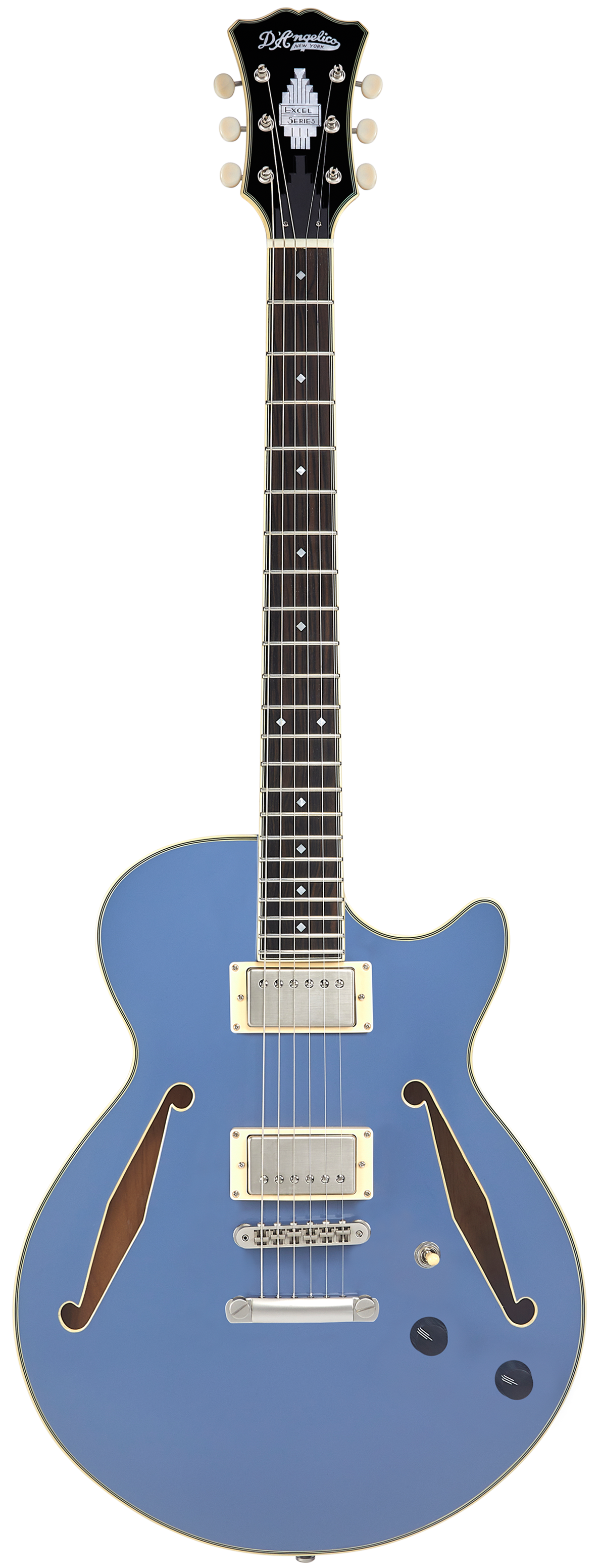 Blue semi-hollow electric guitar with two f-shaped sound holes, dual pickups, four control knobs, and an art deco style headstock.