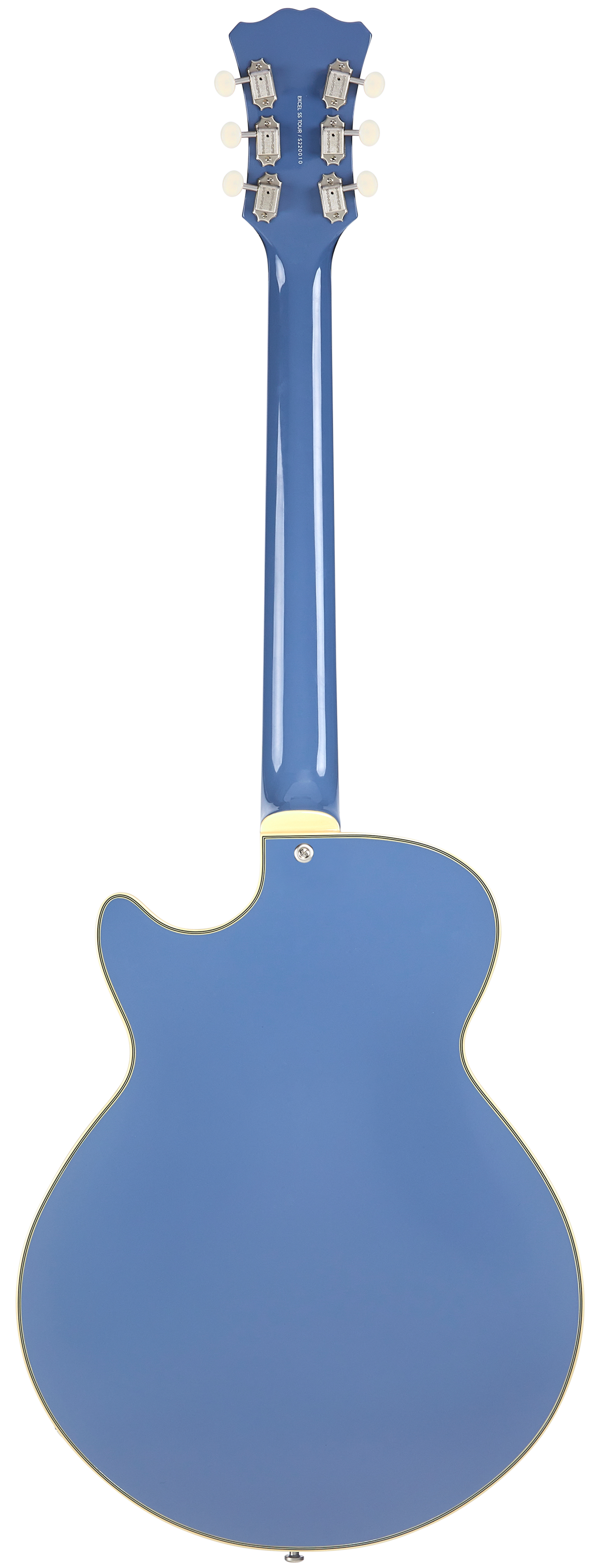 Electric guitar viewed from the back, glossy light blue finish, cream binding, single cutaway body, and six tuning pegs on the headstock.