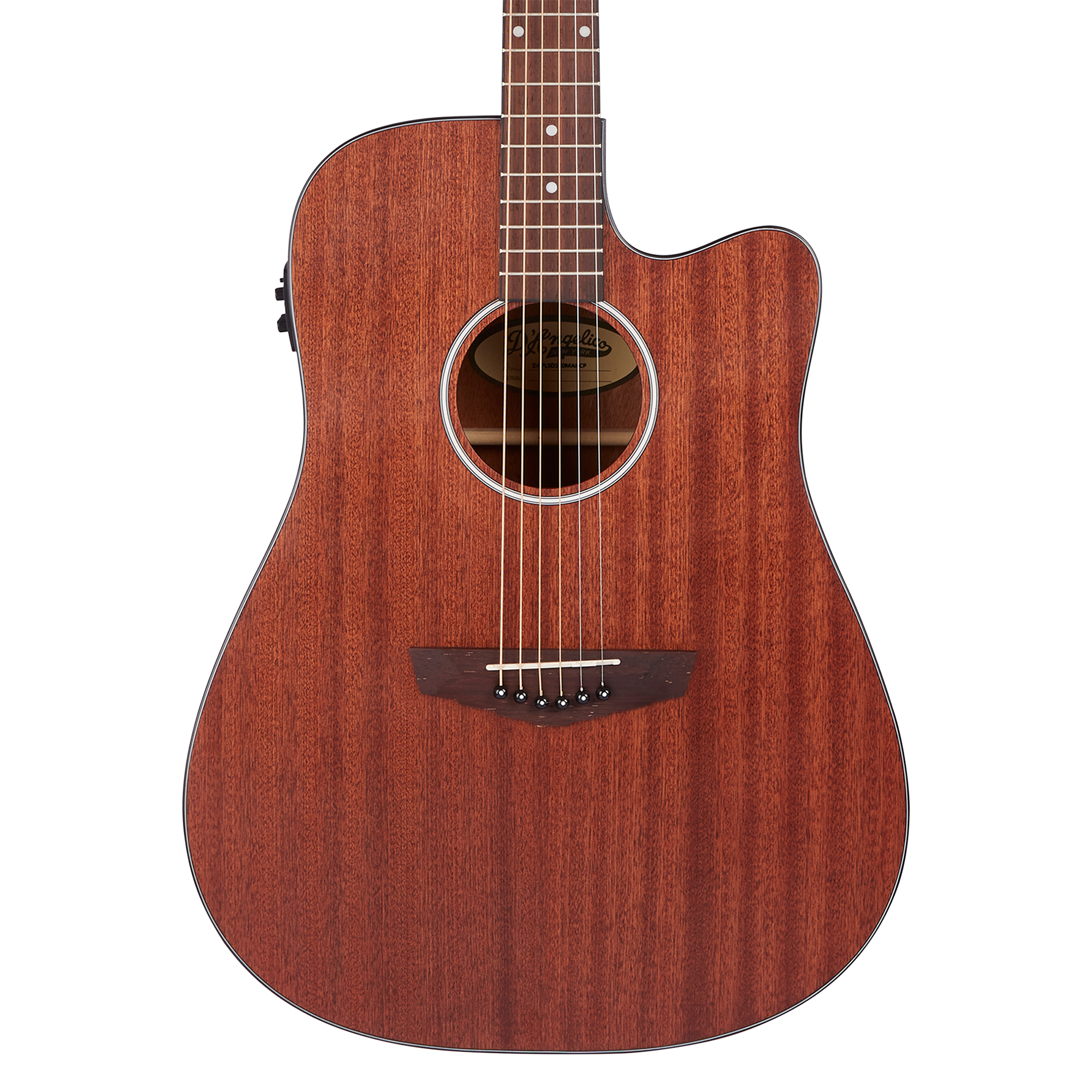 Mahogany-finish acoustic guitar with six strings, a cutaway on the upper right, round sound hole, and dark wood bridge.