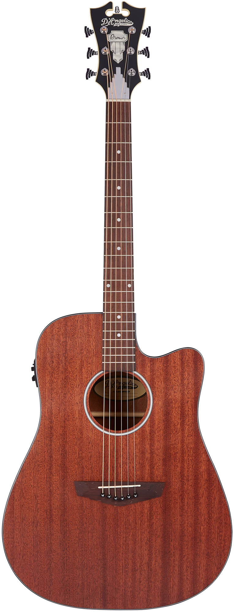 Mahogany acoustic guitar with a single cutaway, six strings, dot inlays on the fretboard, and a decorative headstock with silver tuning pegs.