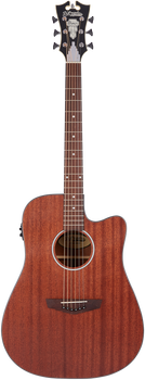 Mahogany acoustic guitar with a single cutaway, six strings, dot inlays on the fretboard, and a decorative headstock with silver tuning pegs.