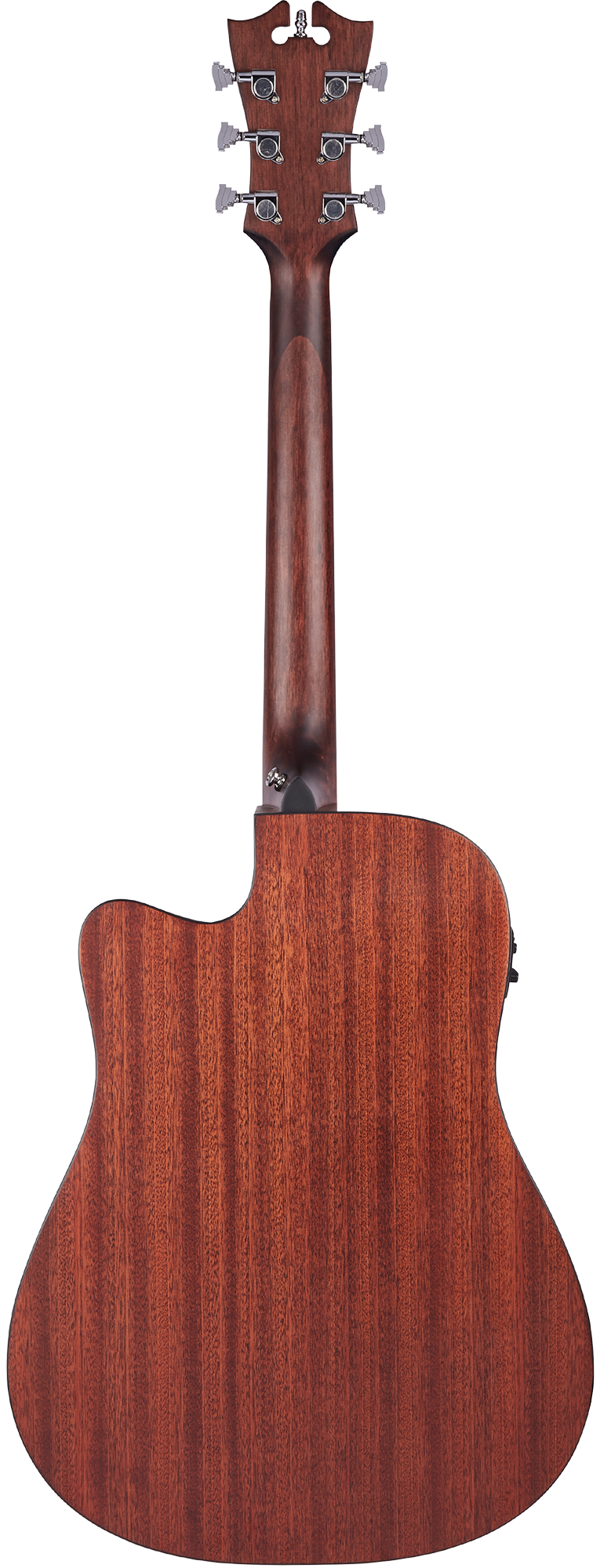 Back view of an acoustic guitar showing dark wood grain, six chrome tuning pegs, and a cutaway body for easier access to higher frets.