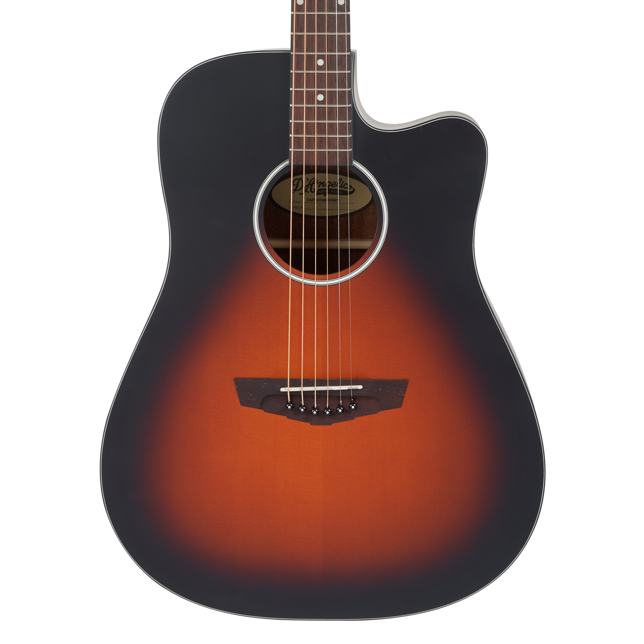 Acoustic guitar with a cutaway body, sunburst finish fading from dark edges to a reddish-orange center, six strings, and a rounded sound hole.
