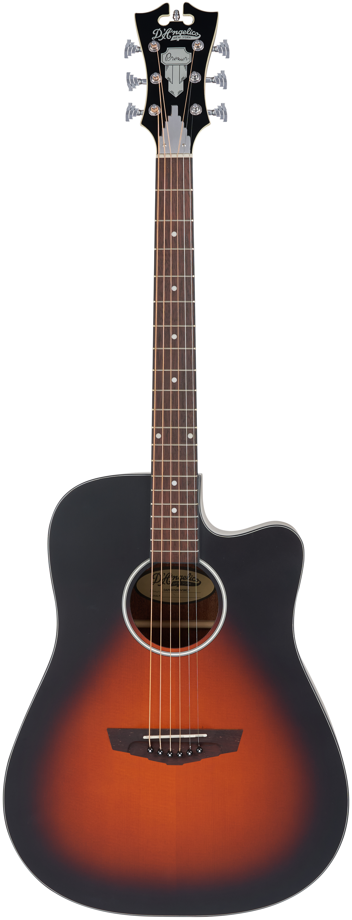 D'Angelico acoustic guitar with a sunburst finish, cutaway body, six strings, dark edges, and decorative headstock.