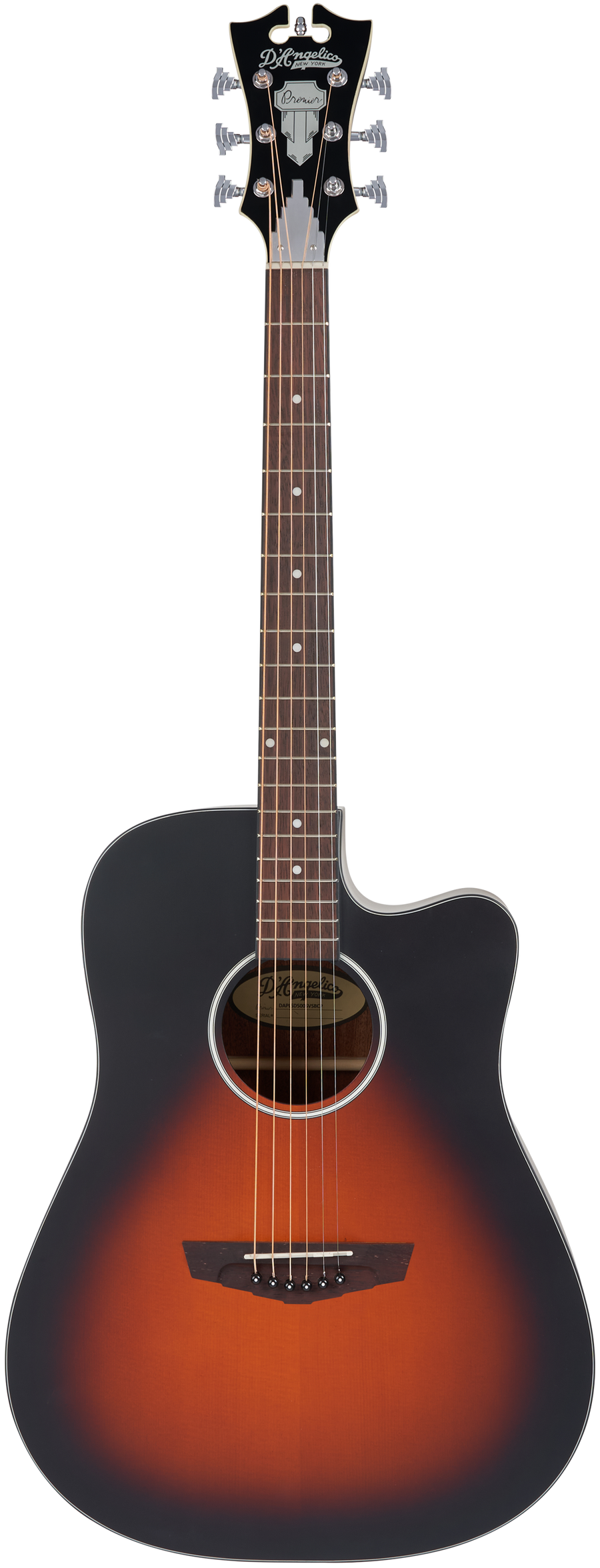D'Angelico acoustic guitar with a sunburst finish, cutaway body, six strings, dark edges, and decorative headstock.