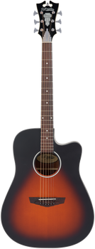 D'Angelico acoustic guitar with a sunburst finish, cutaway body, six strings, dark edges, and decorative headstock.