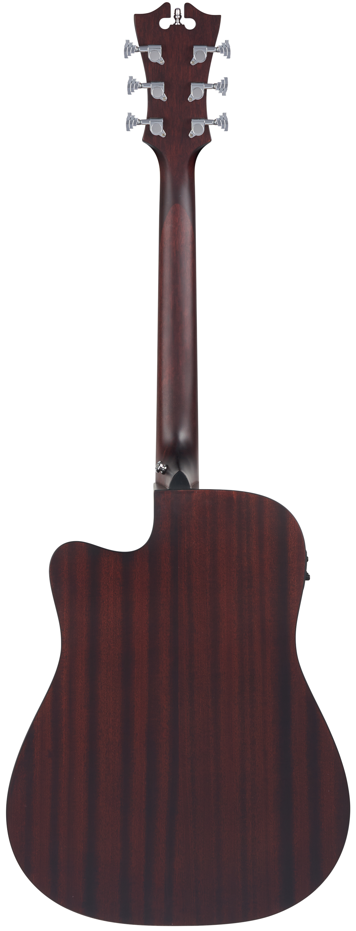 Rear view of a dark wood acoustic guitar with six silver tuners, a cutaway body, and visible vertical wood grain stripes.