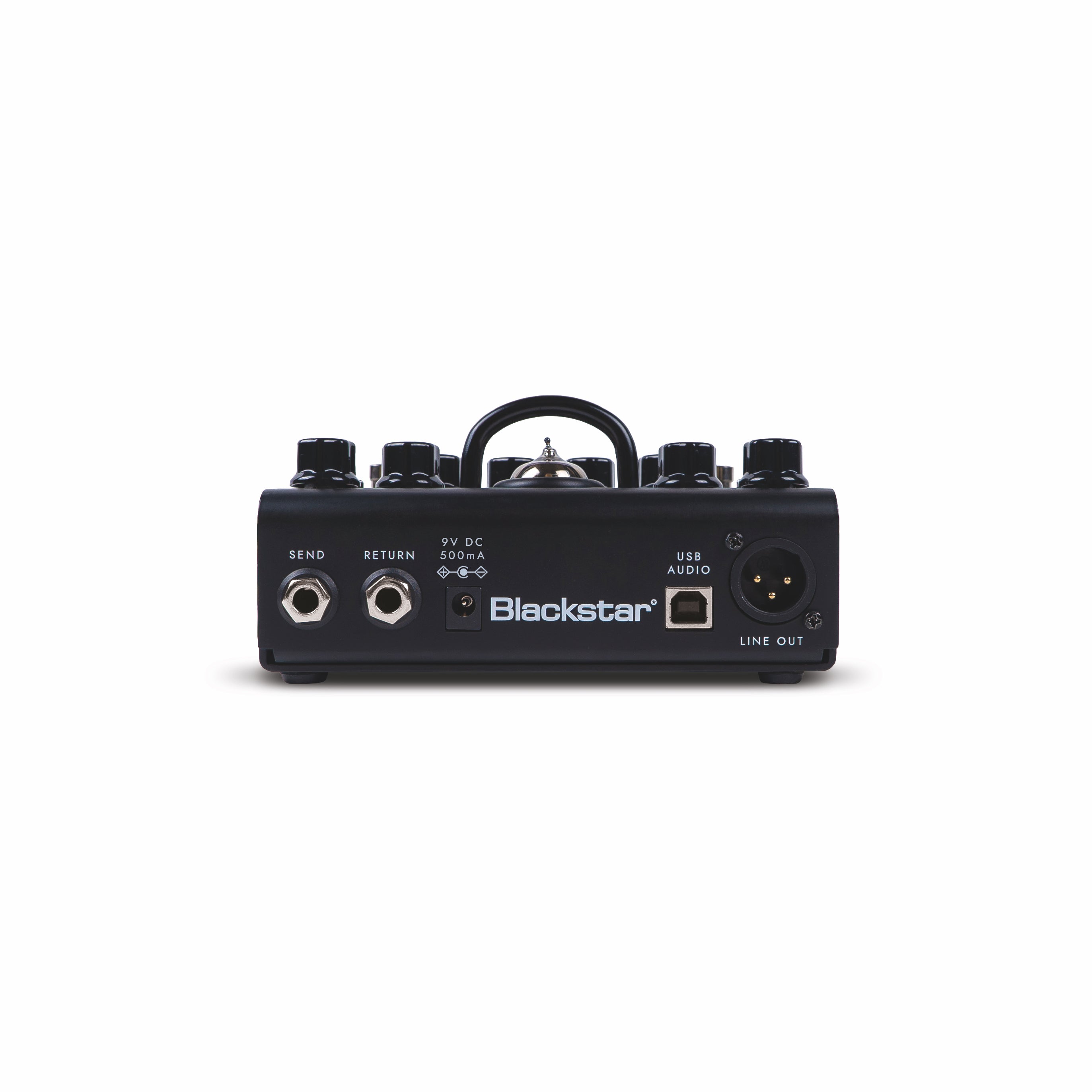 Blackstar FX pedal showing back panel with send, return, power input, USB audio, XLR line out, and four control knobs on top.