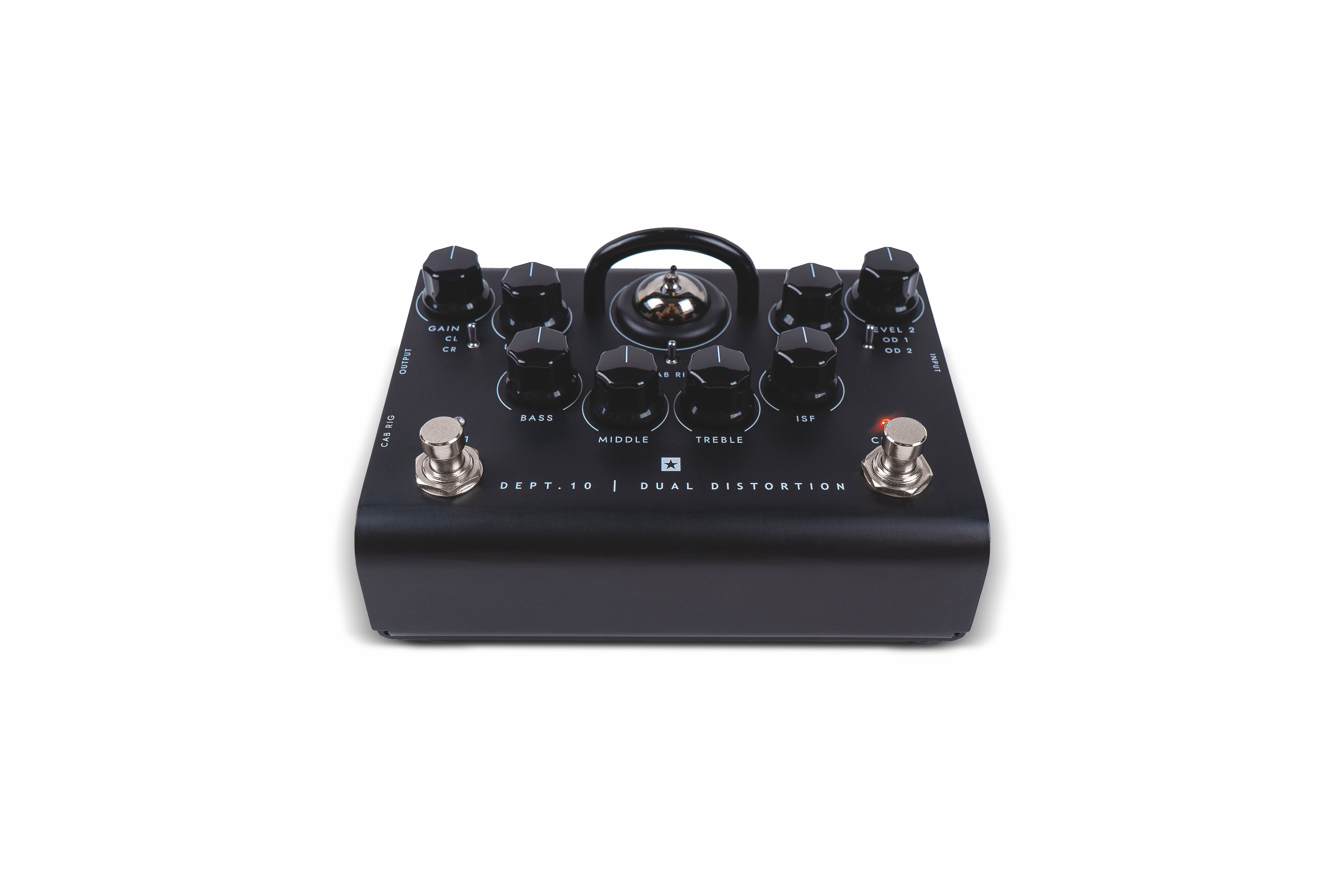 Black FX pedal with ten knobs, a visible vacuum tube in the center, two metal footswitches, and labeled “DEPT. 10 DUAL DISTORTION” on the front.