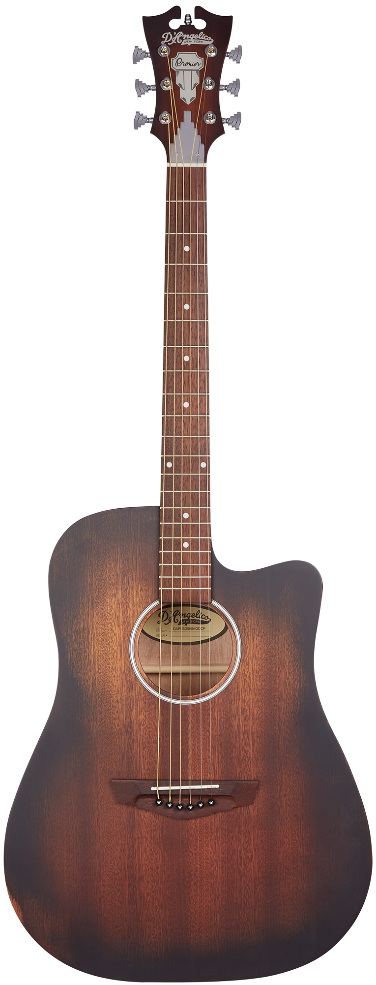 Dreadnought acoustic guitar with a dark brown wood finish, six strings, cutaway body, and decorative headstock labeled D’Angelico Premier.