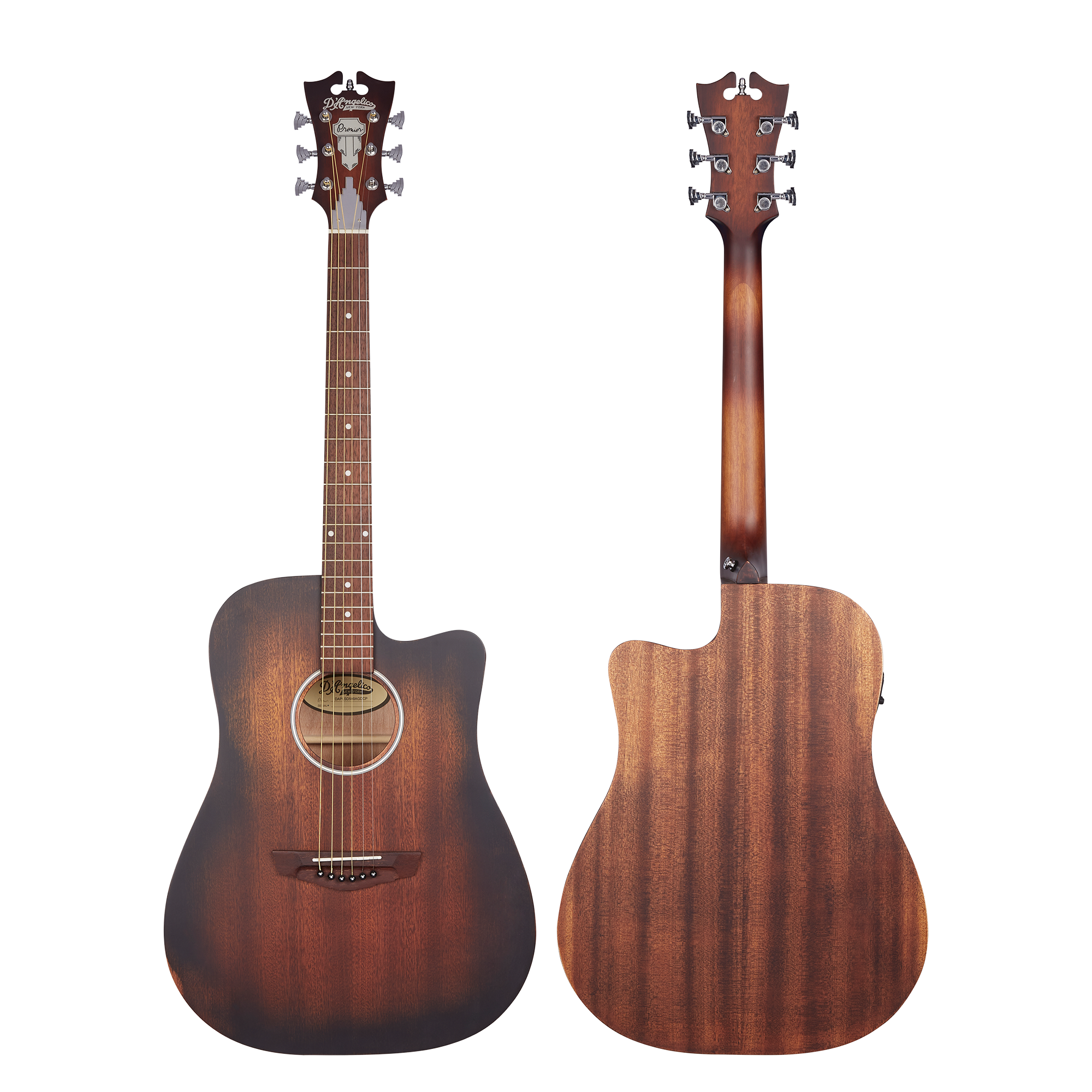 Front and back views of a wooden acoustic guitar with a cutaway design, dark brown sunburst finish, six strings, and silver tuning pegs.