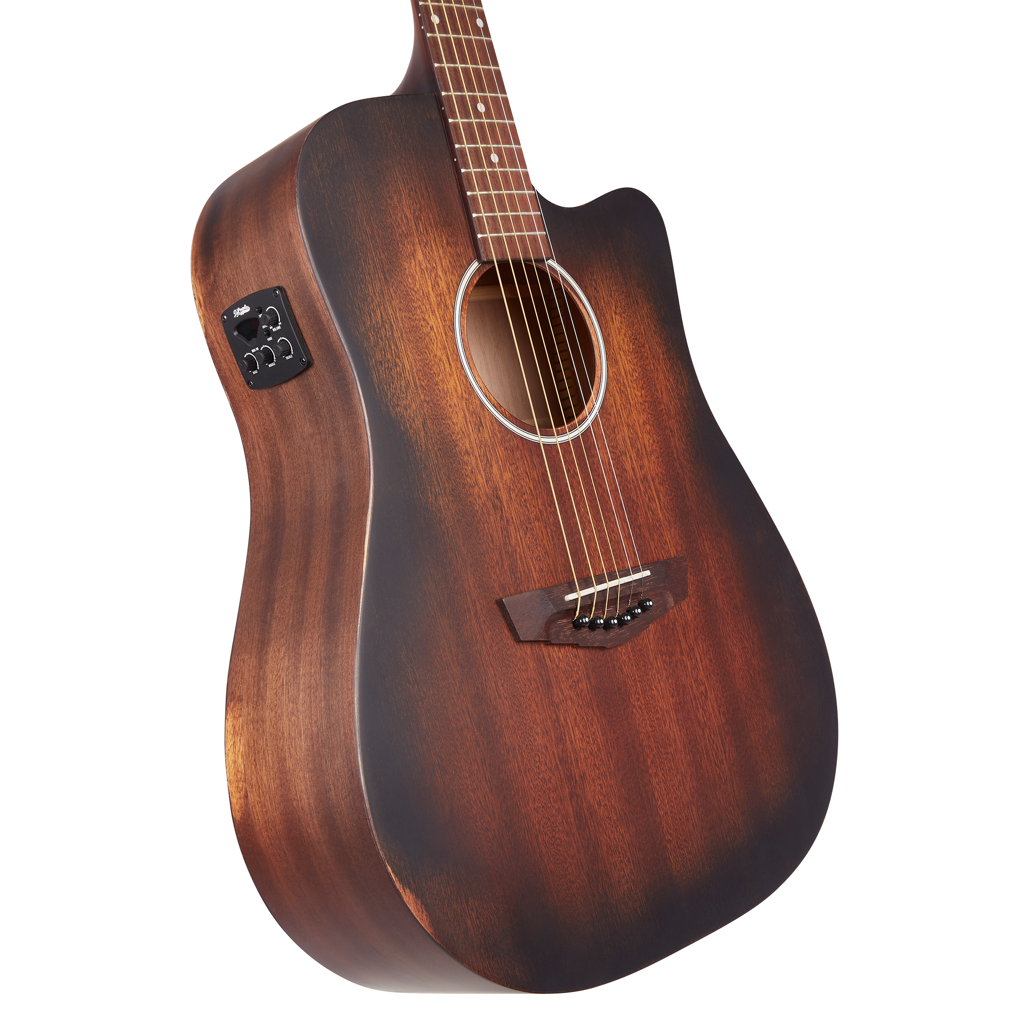 Cutaway acoustic guitar with a rich brown wood finish, six strings, electronic control panel on the side, and a round sound hole.